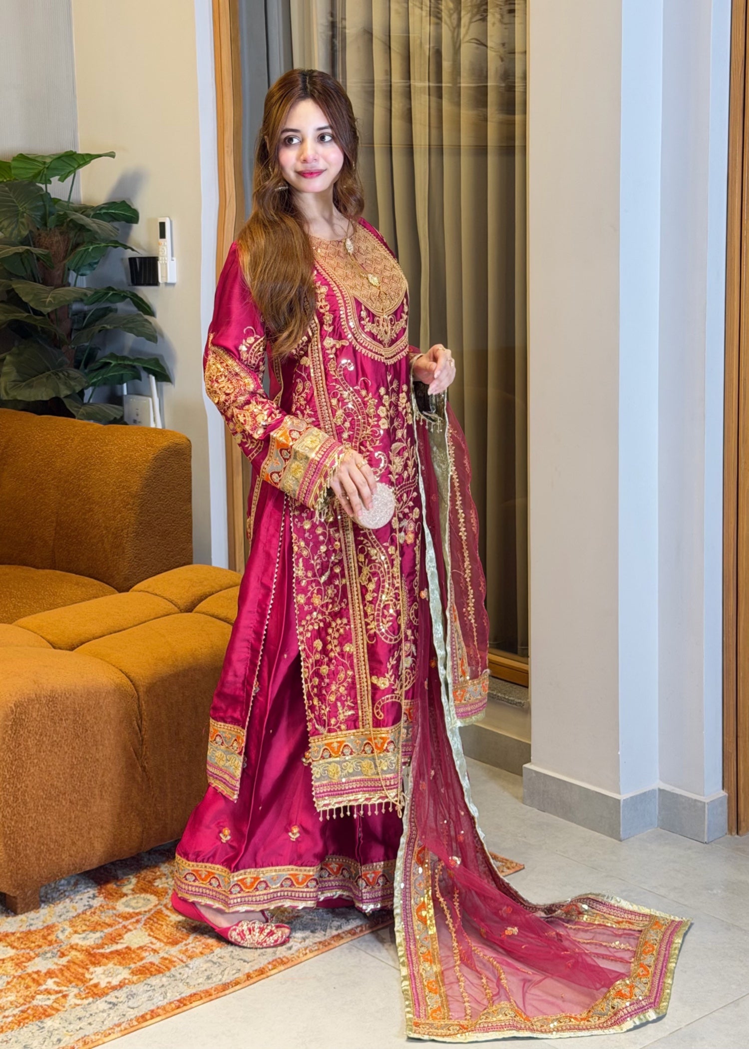 silk Sharara in Raspberry