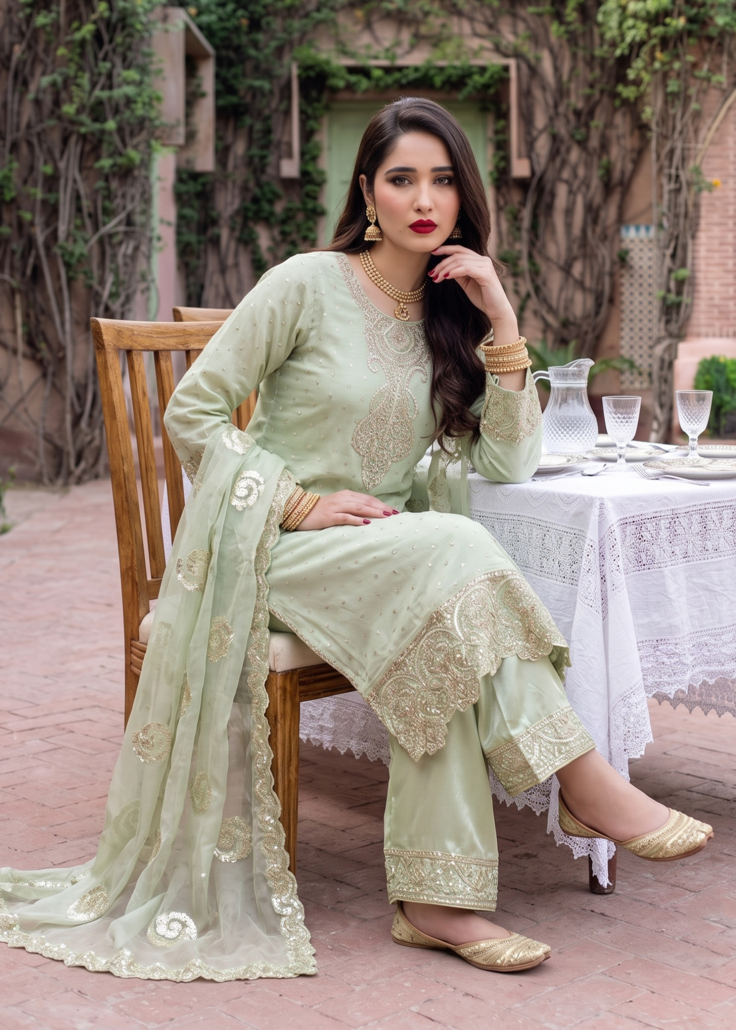 chiffon Kurta Set in Pistachio green