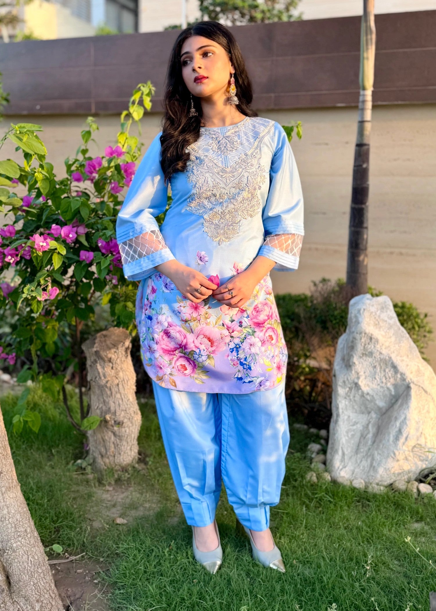 lawn Kurta Set in Baby blue
