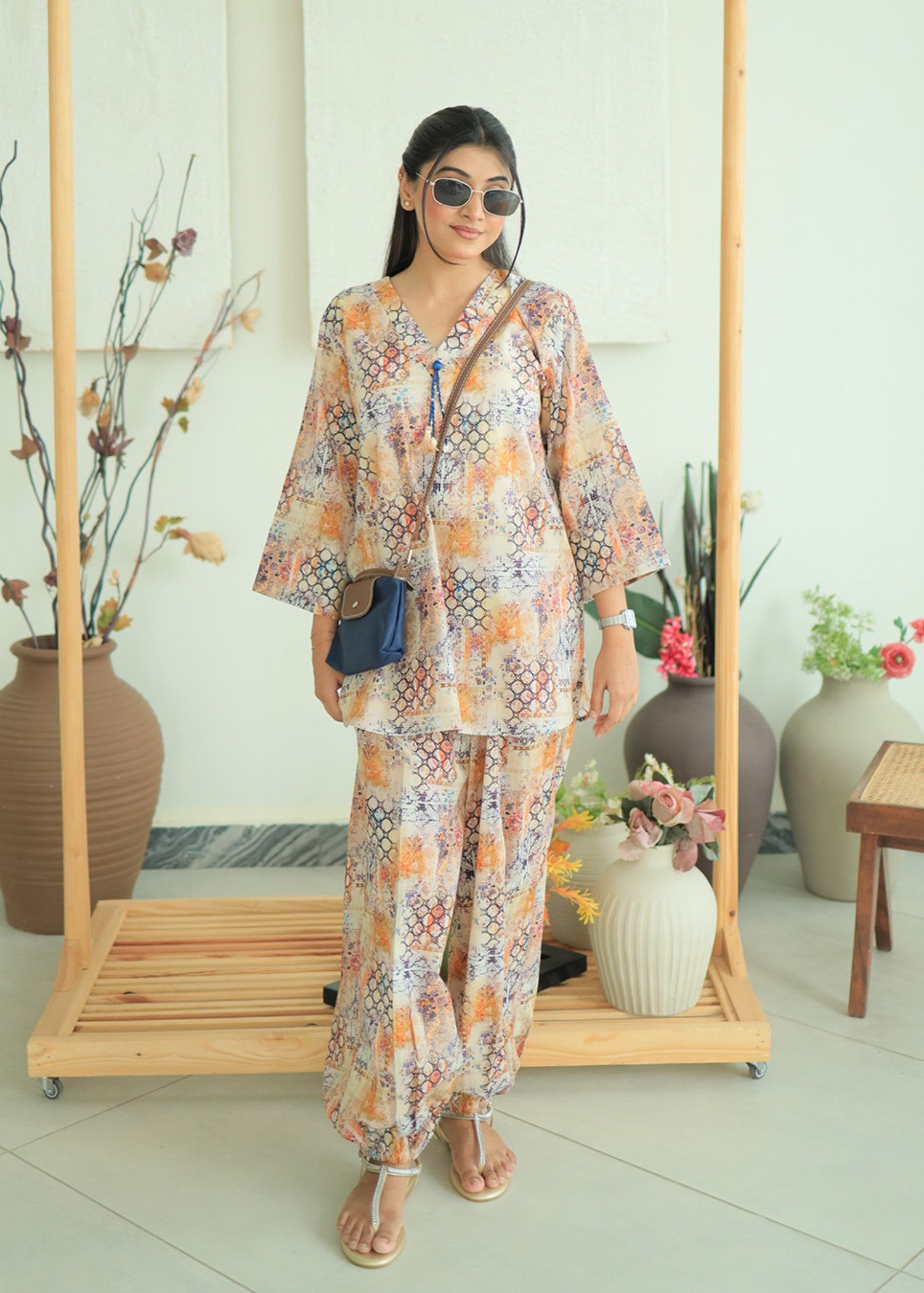 lawn Co ord Sets in Beige, navy blue