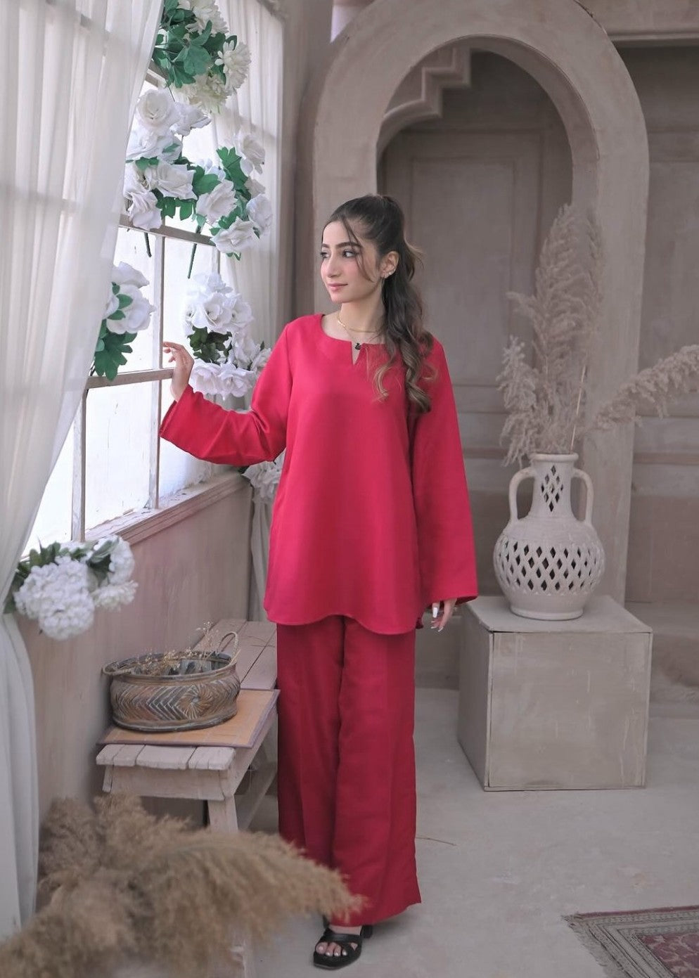 raw silk Co ord Sets in Hot pink
