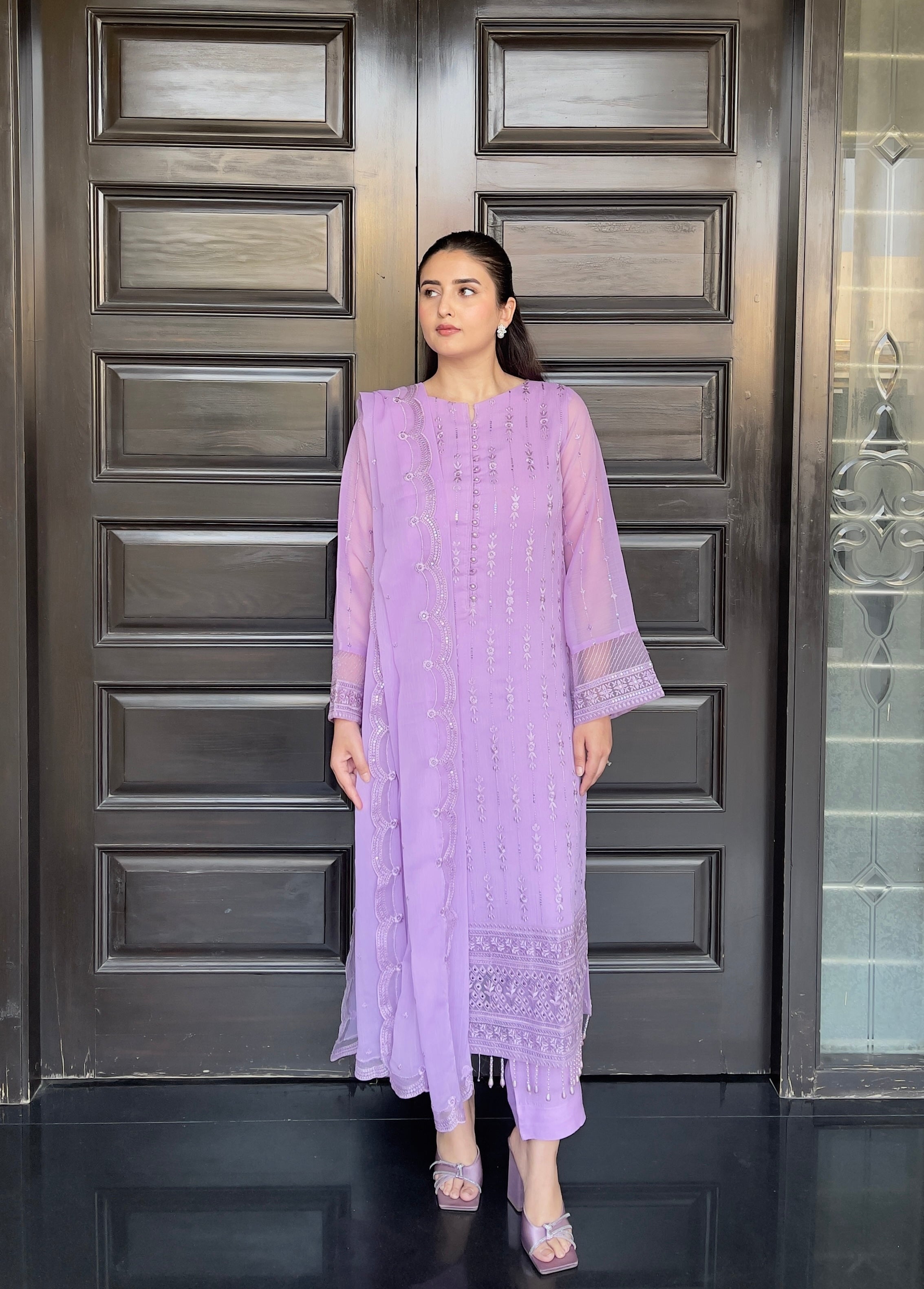 chiffon Kurta Set in Heathered lilac