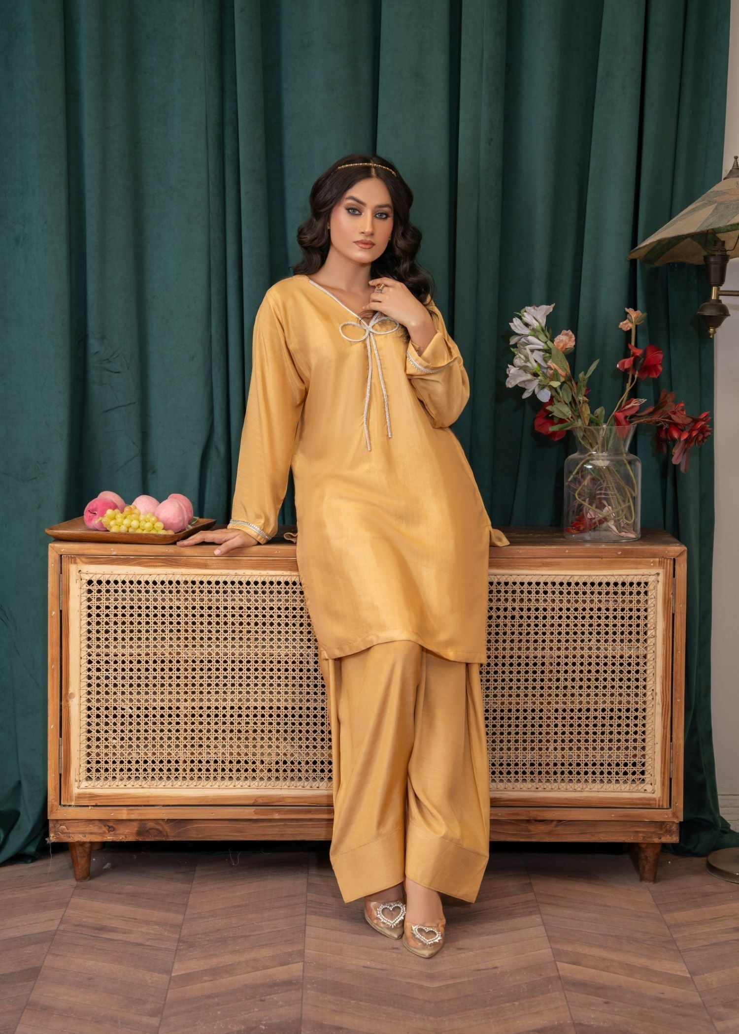 viscose thai silk Kurta Set in Marigold