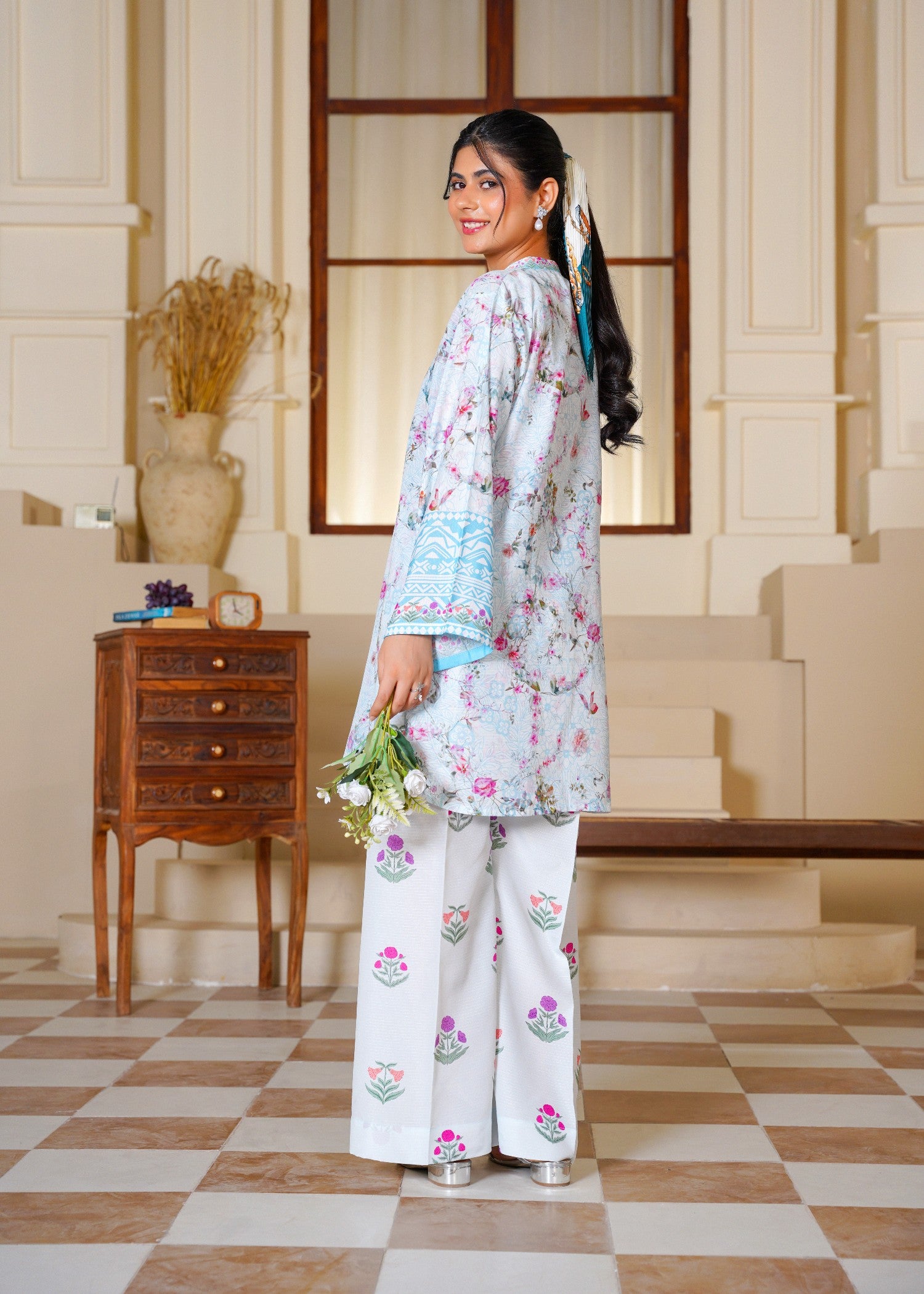 slub cambric Kurta Set in Baby blue
