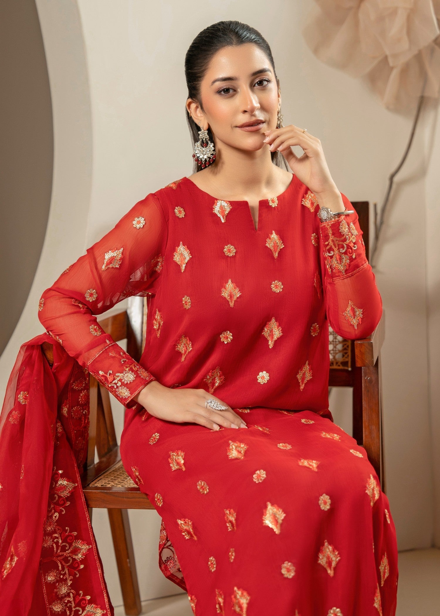 chiffon Kurta Set in Tomato red