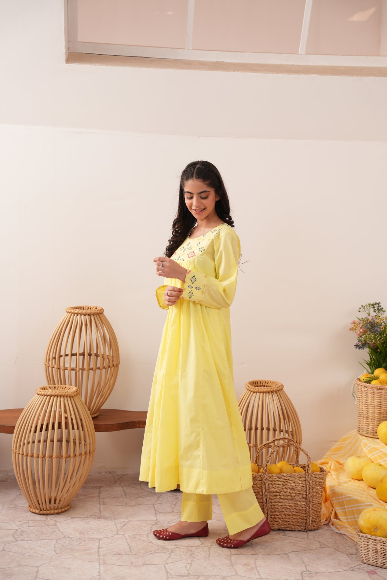 lawn cotton Anarkali in Lemon