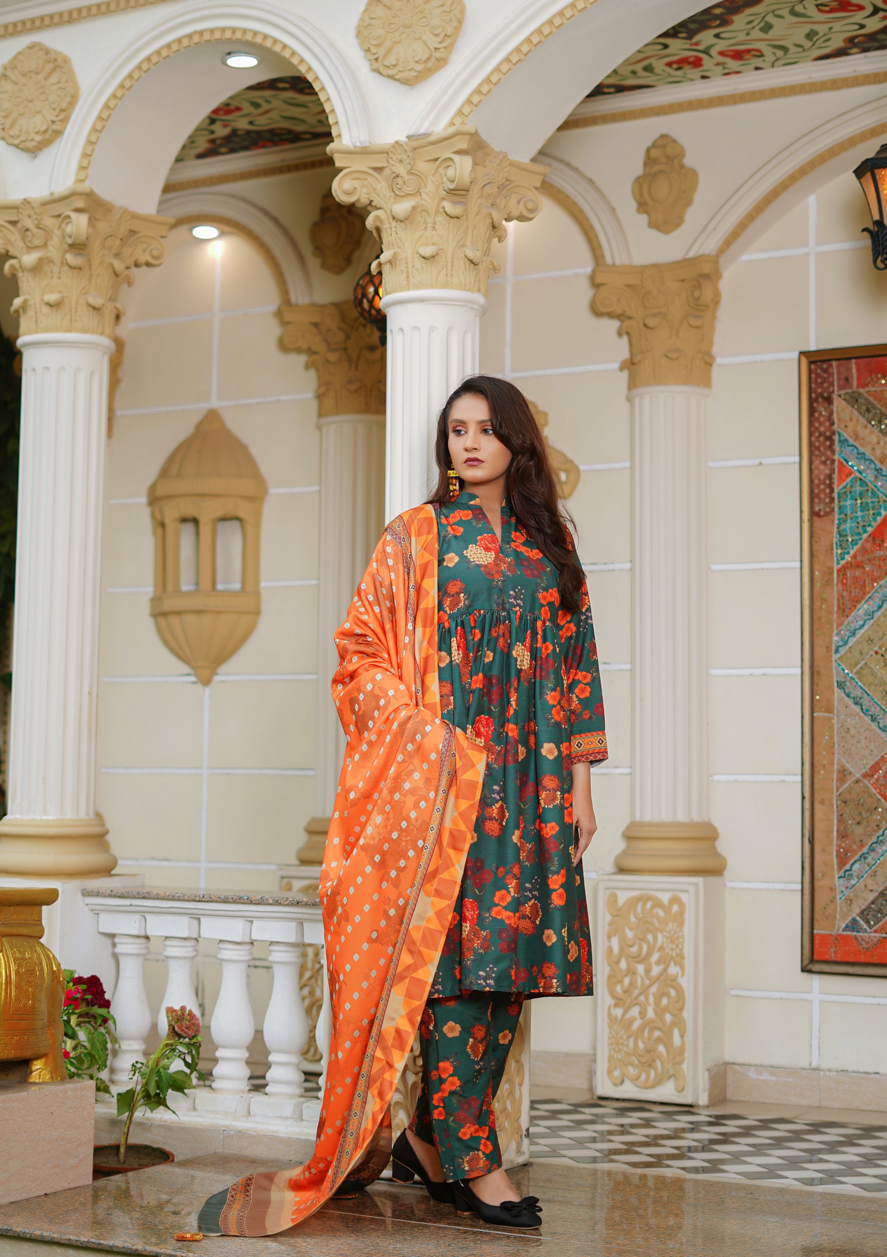 slub khaddar Short Frock in Pumpkin orange, pine green