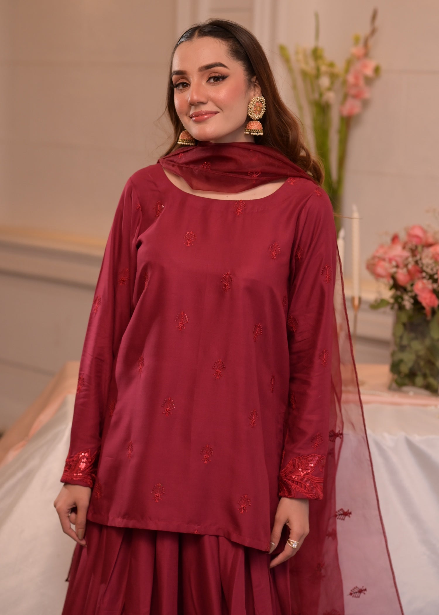irish linen Sharara in Berry red