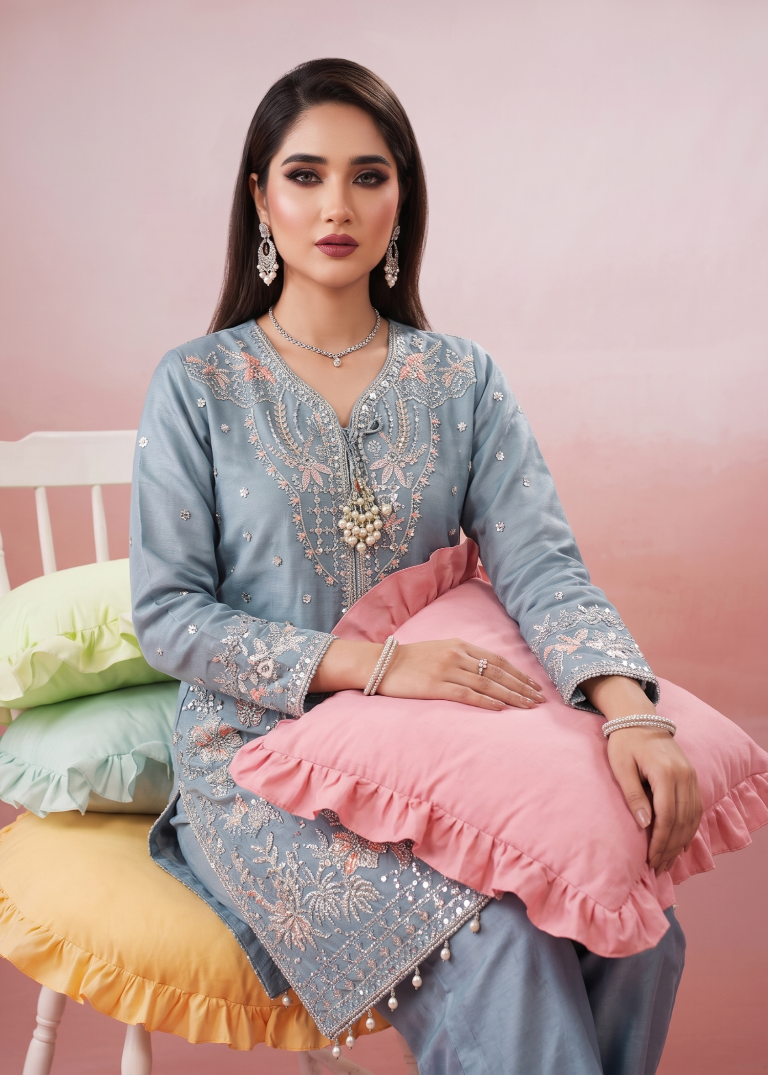 organza Kurta Set in Duck egg grey