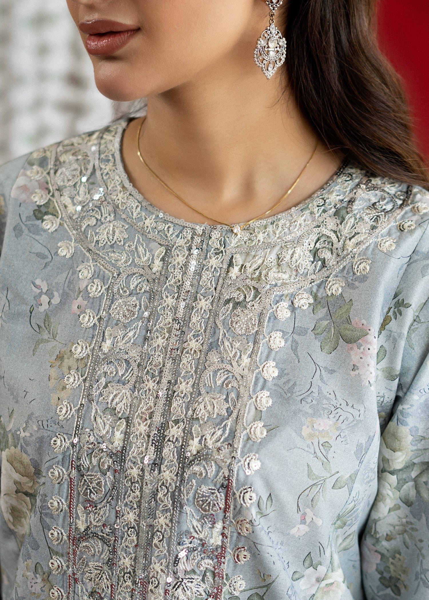 lawn Kurta Set in Off-white, light blue