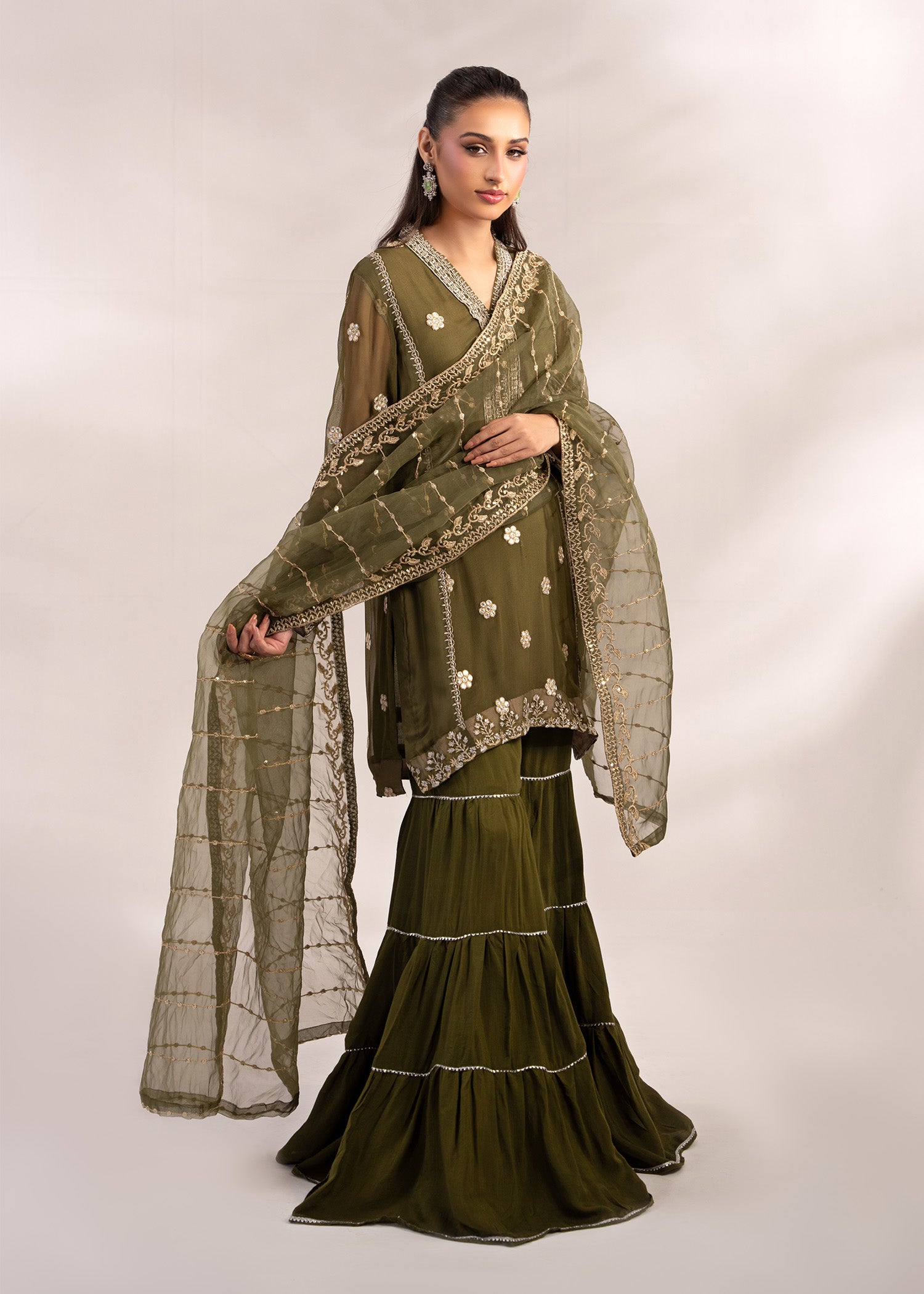 crinkle Gharara in Olive green