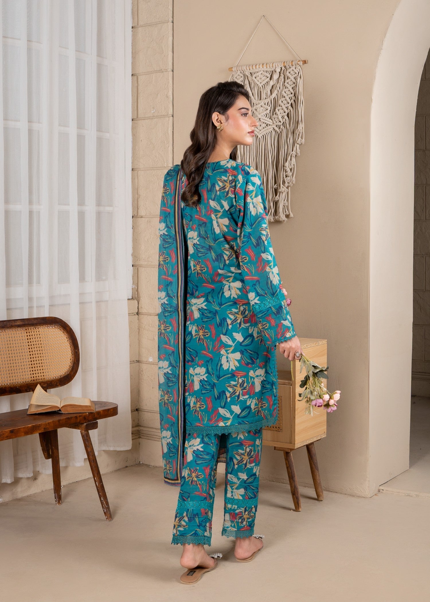 lawn Kurta Set in Bondi blue