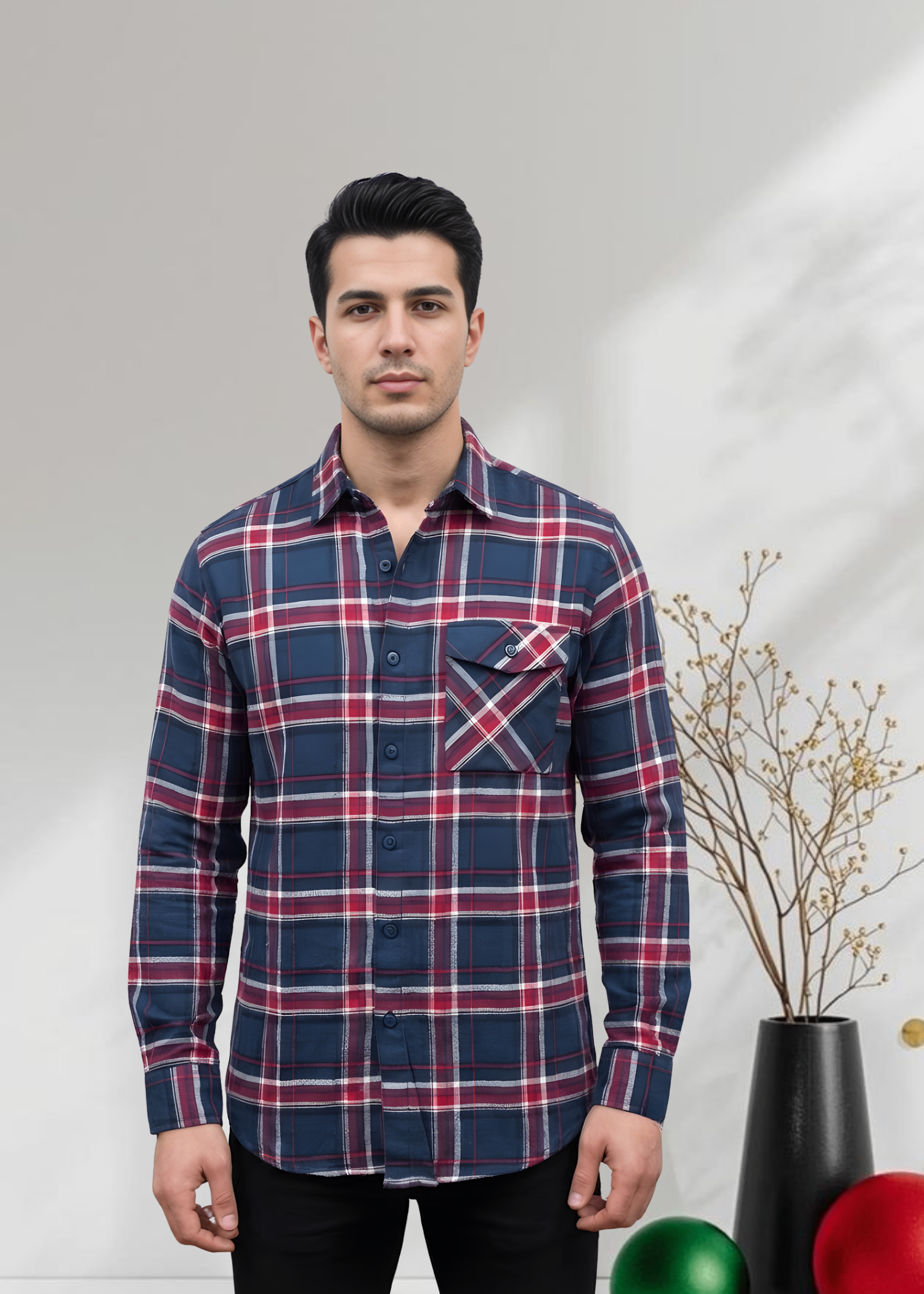 flannel Casual Shirt in Multi, red
