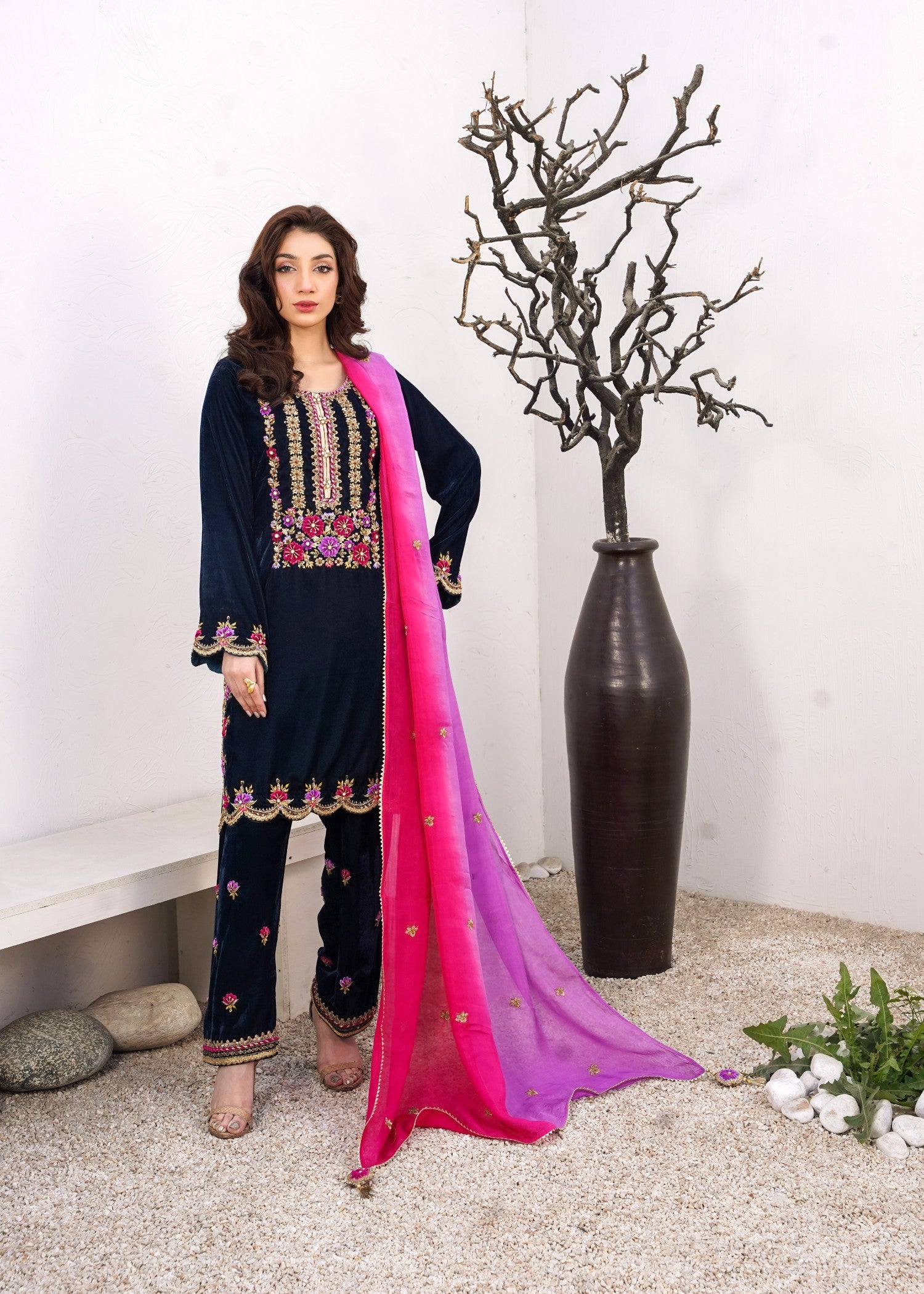 velvet Kurta Set in Twilight blue