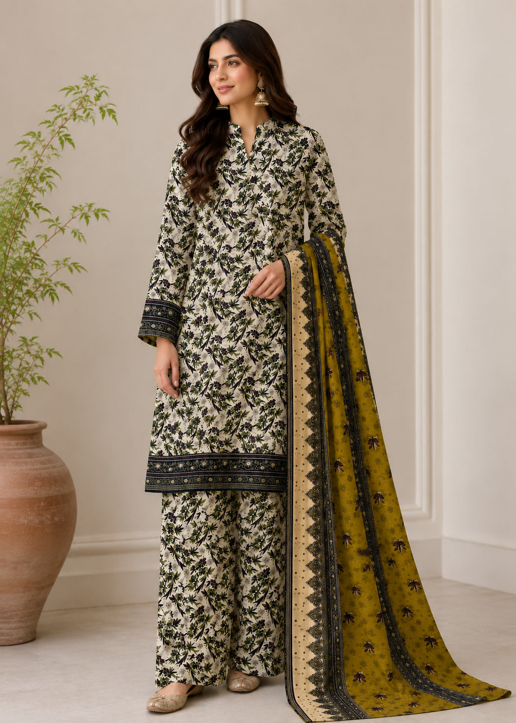 cotton Unstitched in Beige, army green