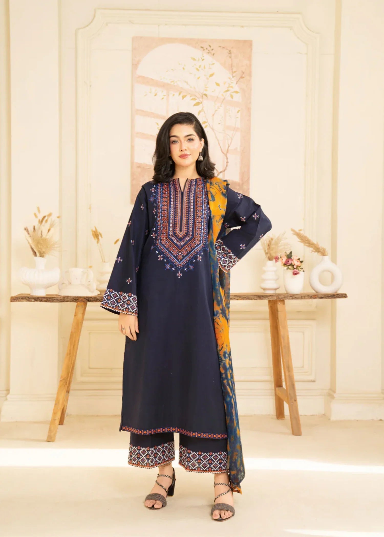 lawn cotton Kurta Set in Navy blue