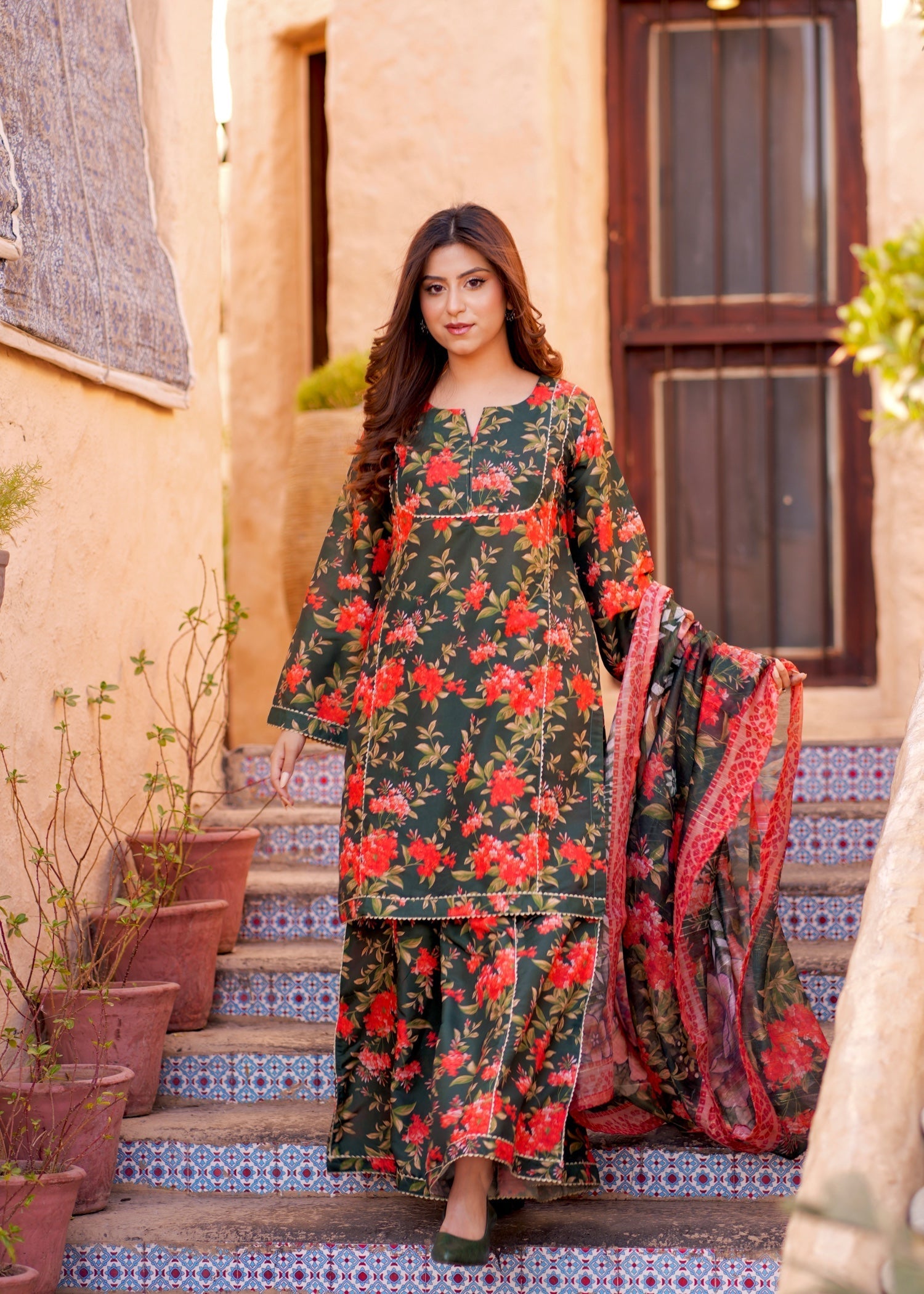 slub lawn Kurta Set in Bottle green