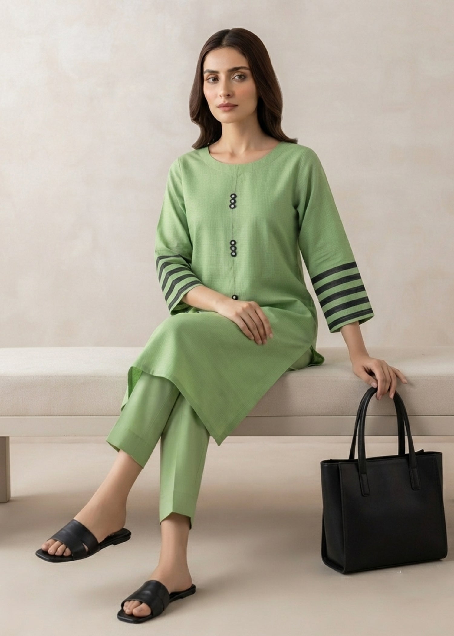 lawn cotton Kurta Set in Lime green