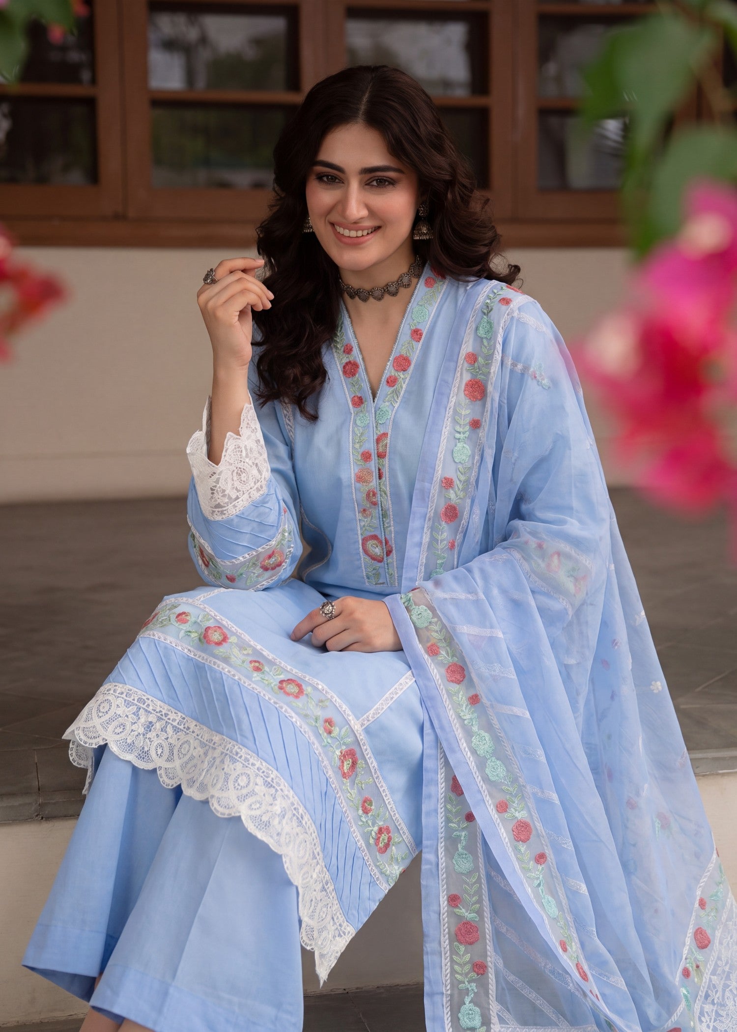 textured lawn Kurta Set in Sky blue