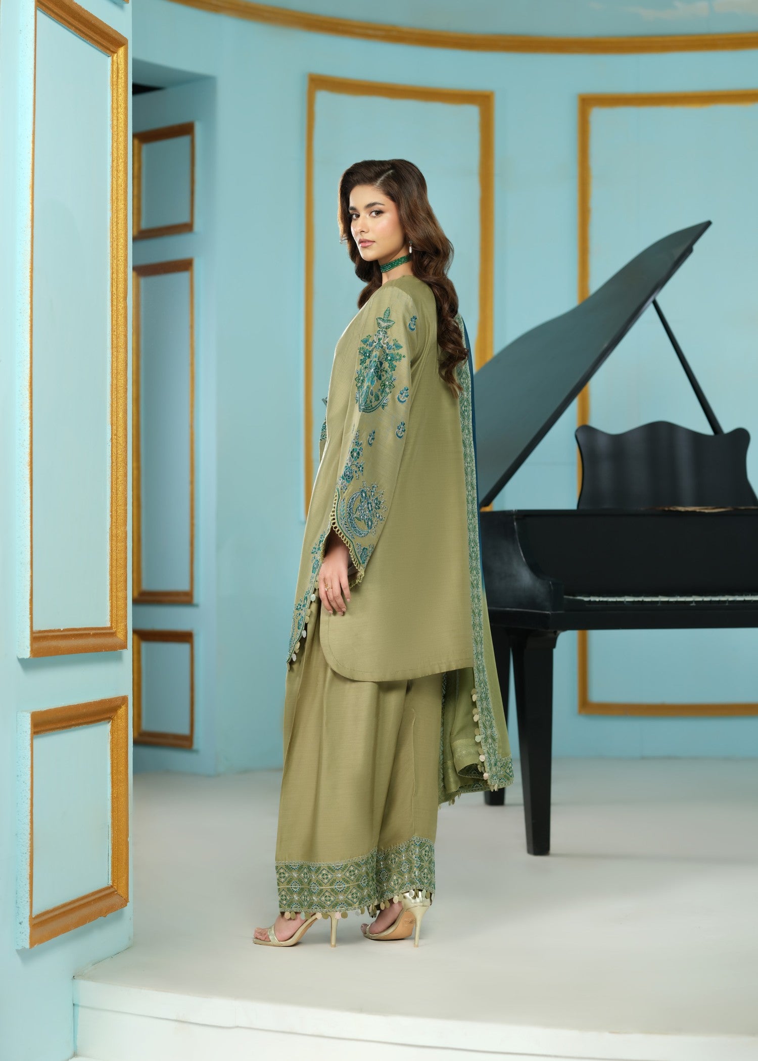 cambric cotton Kurta Set in Sage green