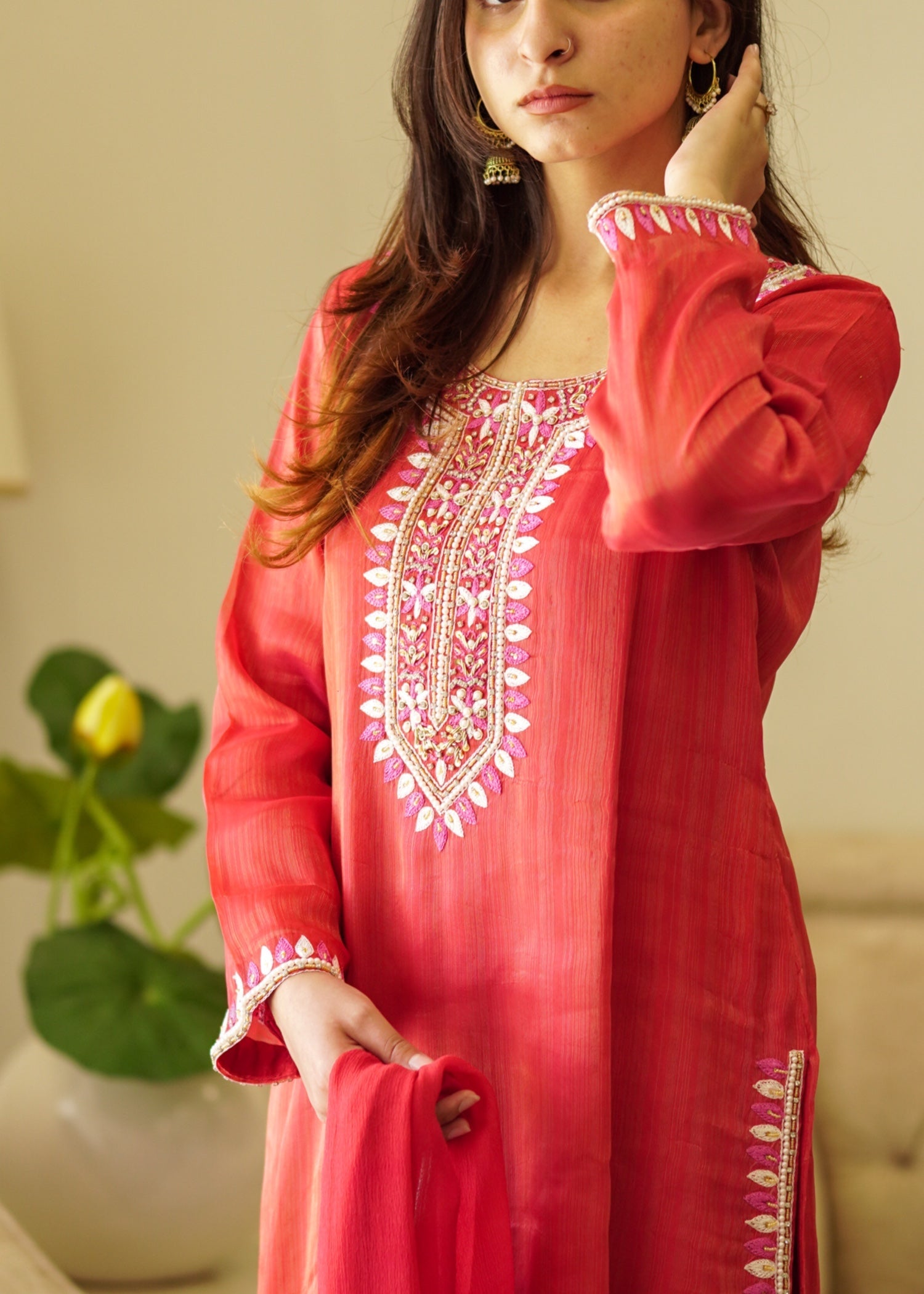 zari masuri Kurta Set in Rust red