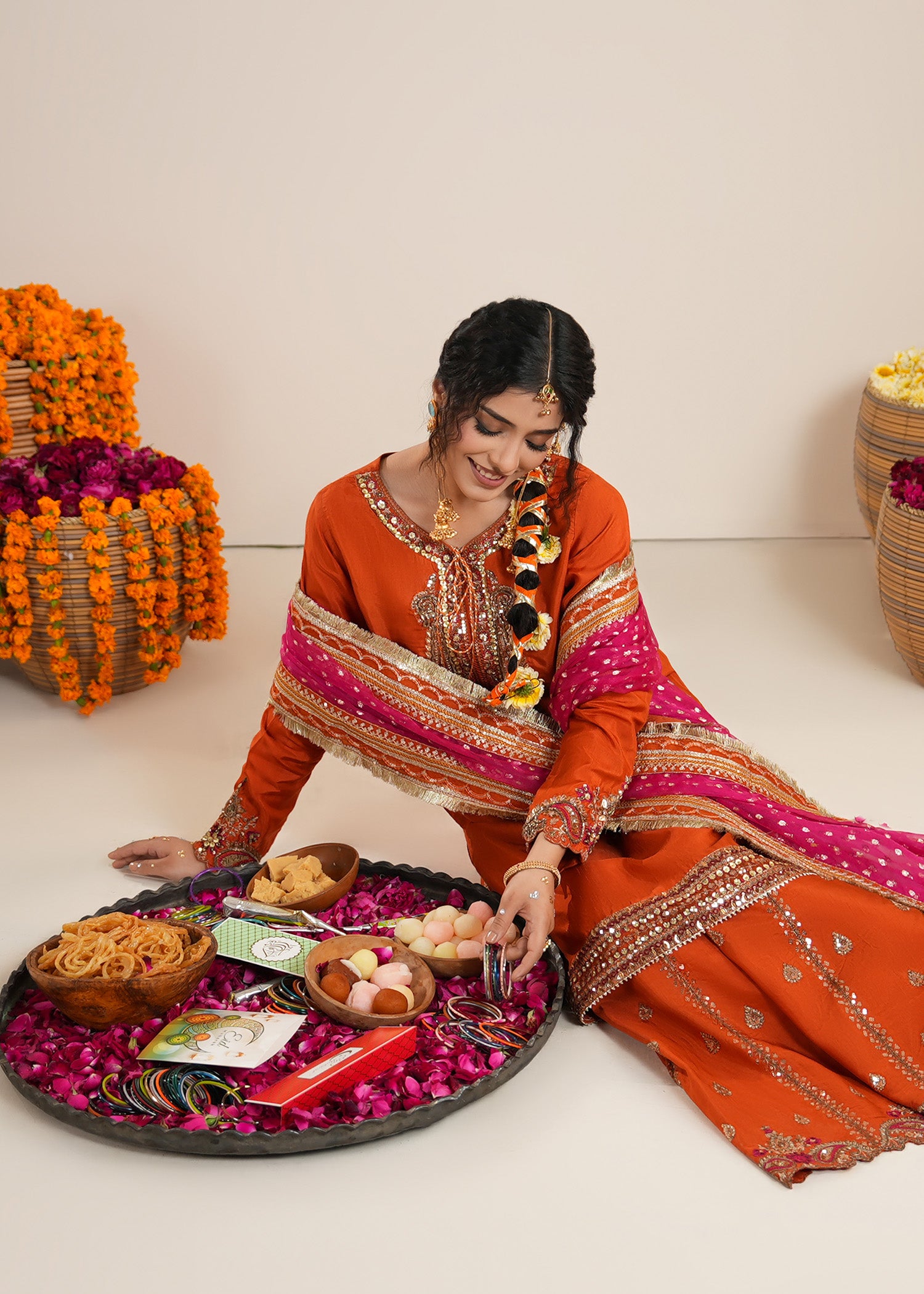 raw silk Sharara in Rust orange