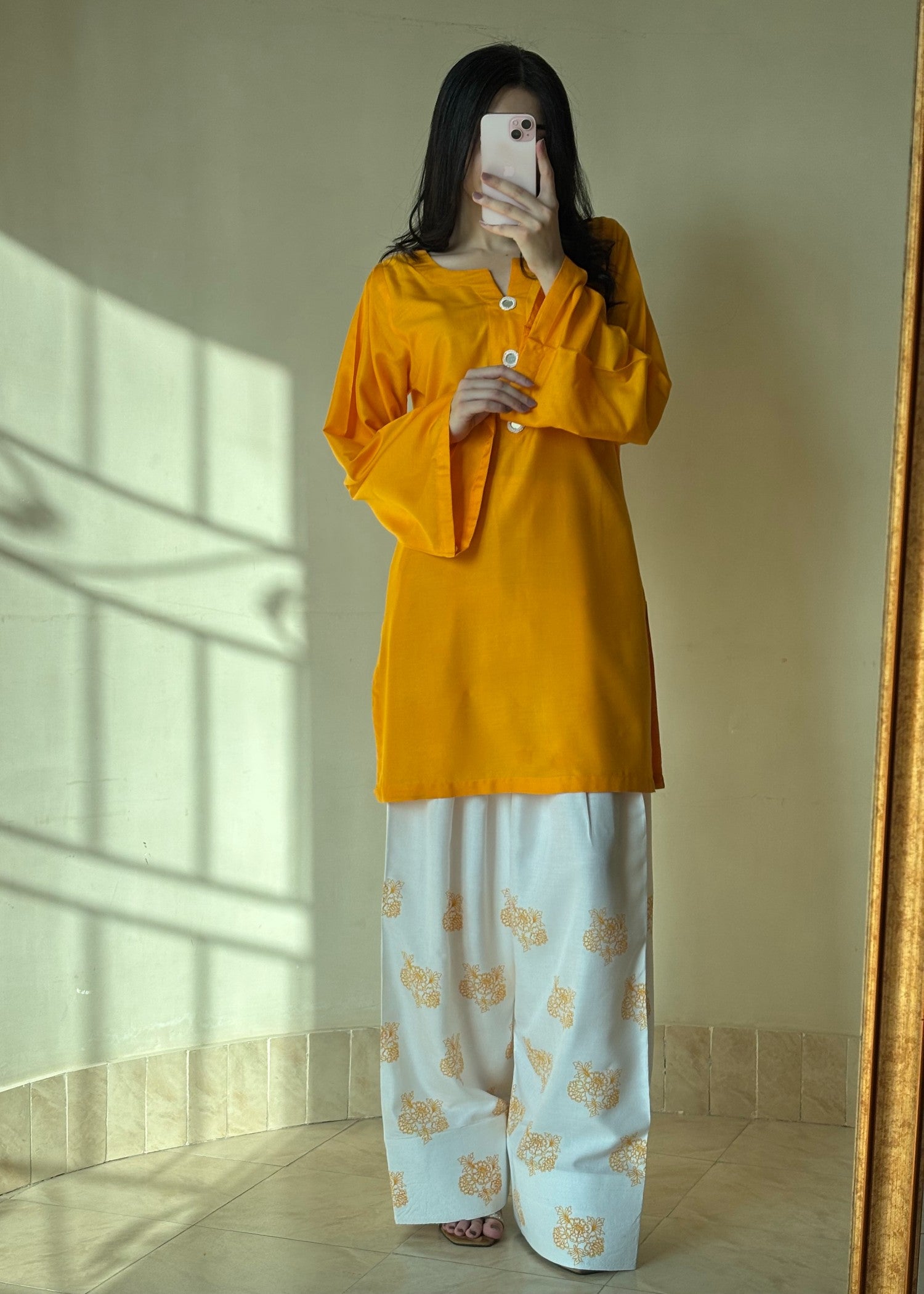linen Kurta Set in Yellow, white