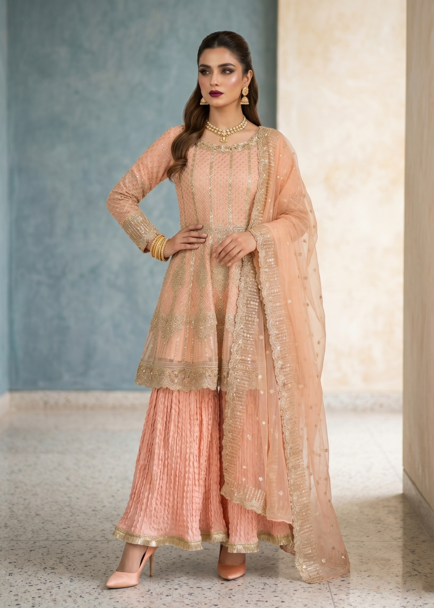 organza Short Frock in Peach pink