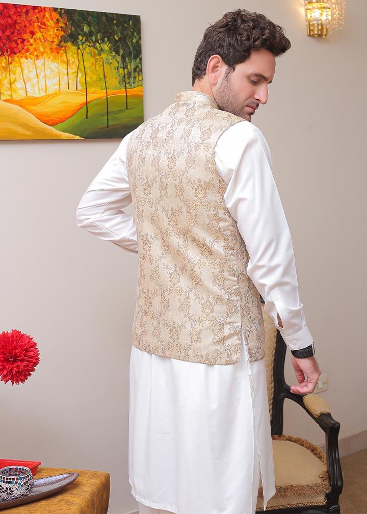 banarsi silk Waistcoat in Beige by Real Image Clothing