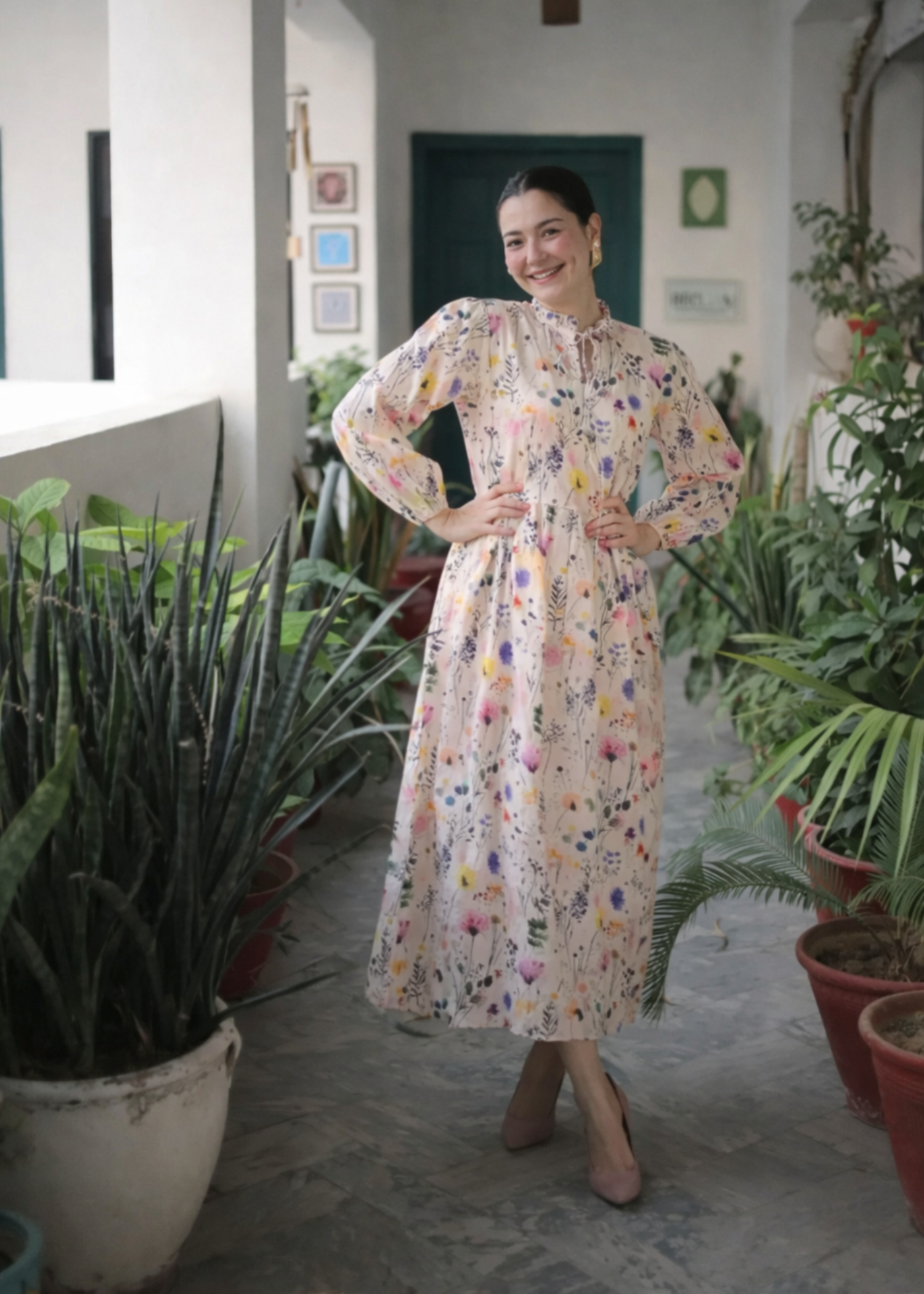 lawn Dress in Cream, pink
