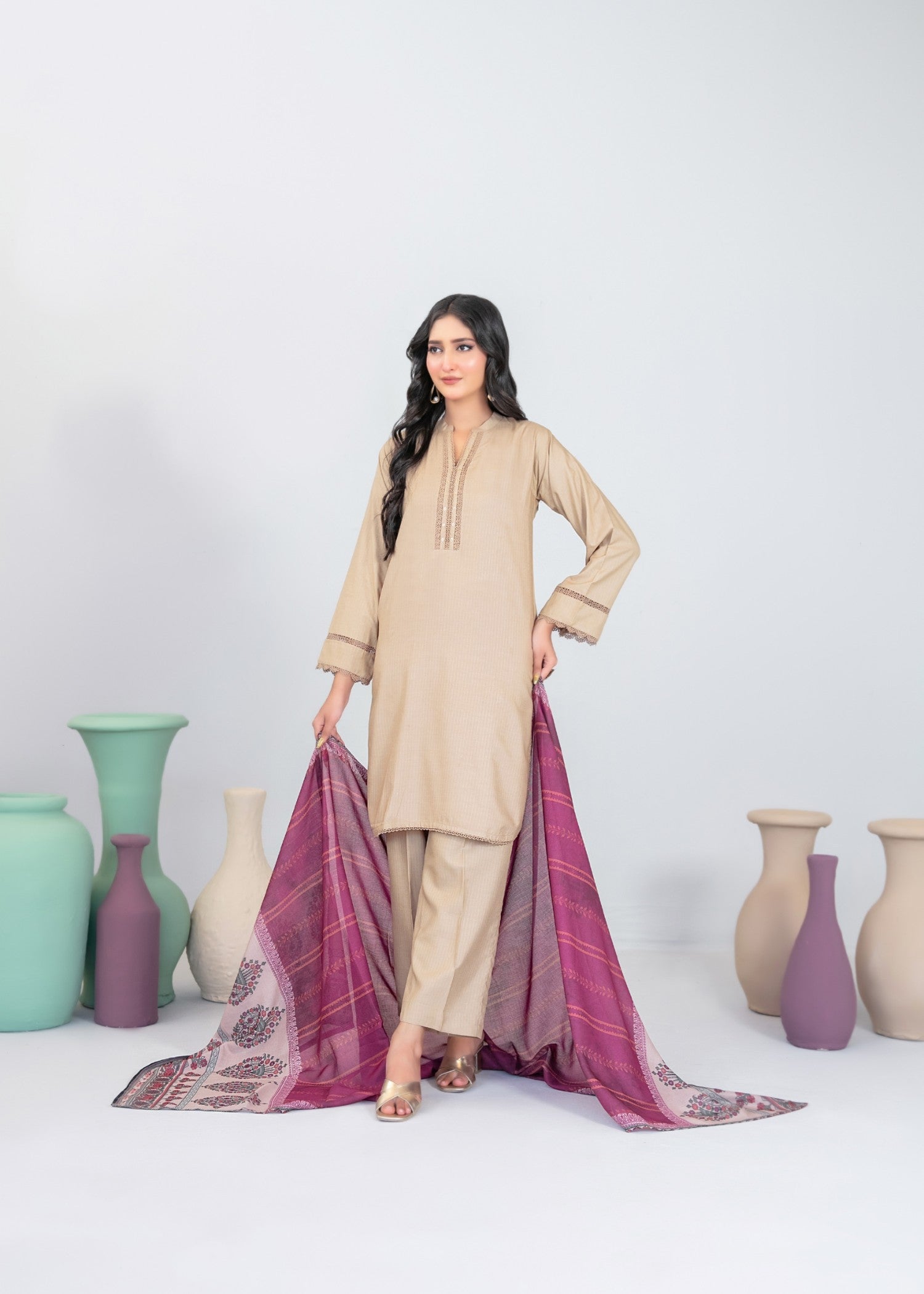 viscose Kurta Set in Mauve pink, beige