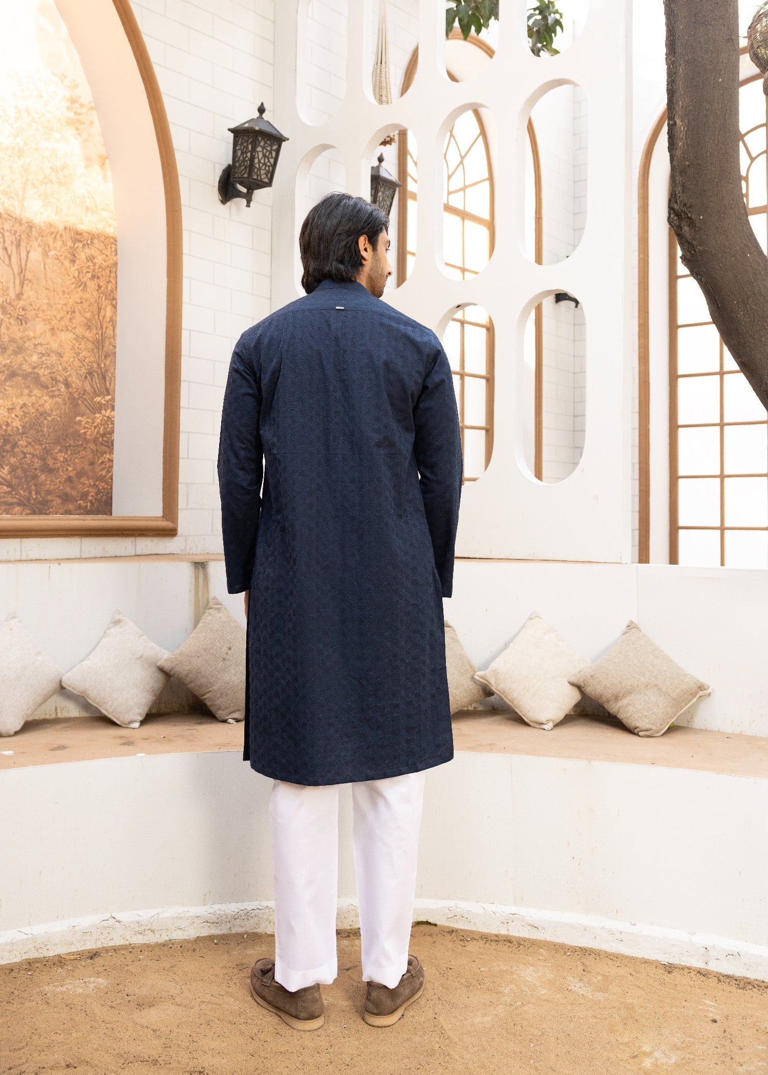 schiffli Kurta in Navy blue