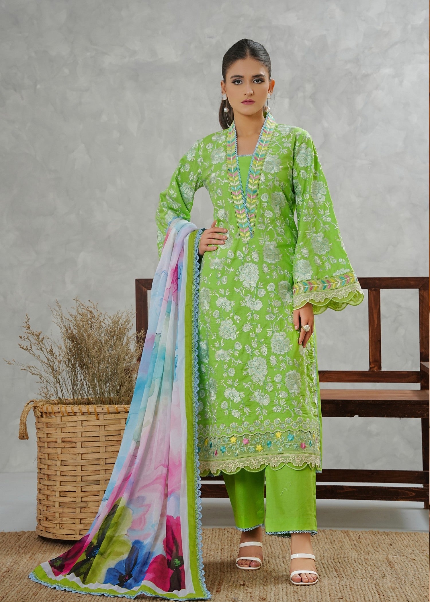 cotton Kurta Set in Bright green