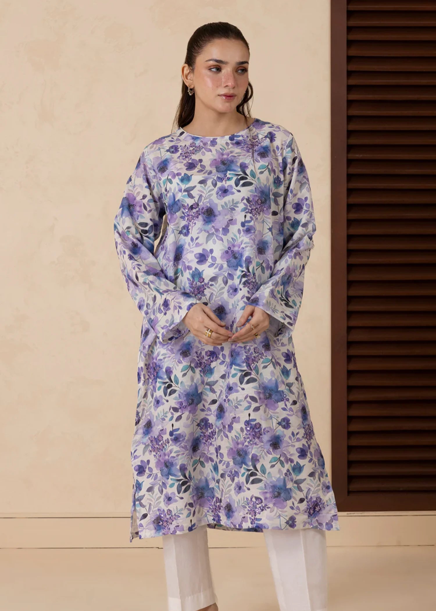 khaddar Kurti in Off-white, purple