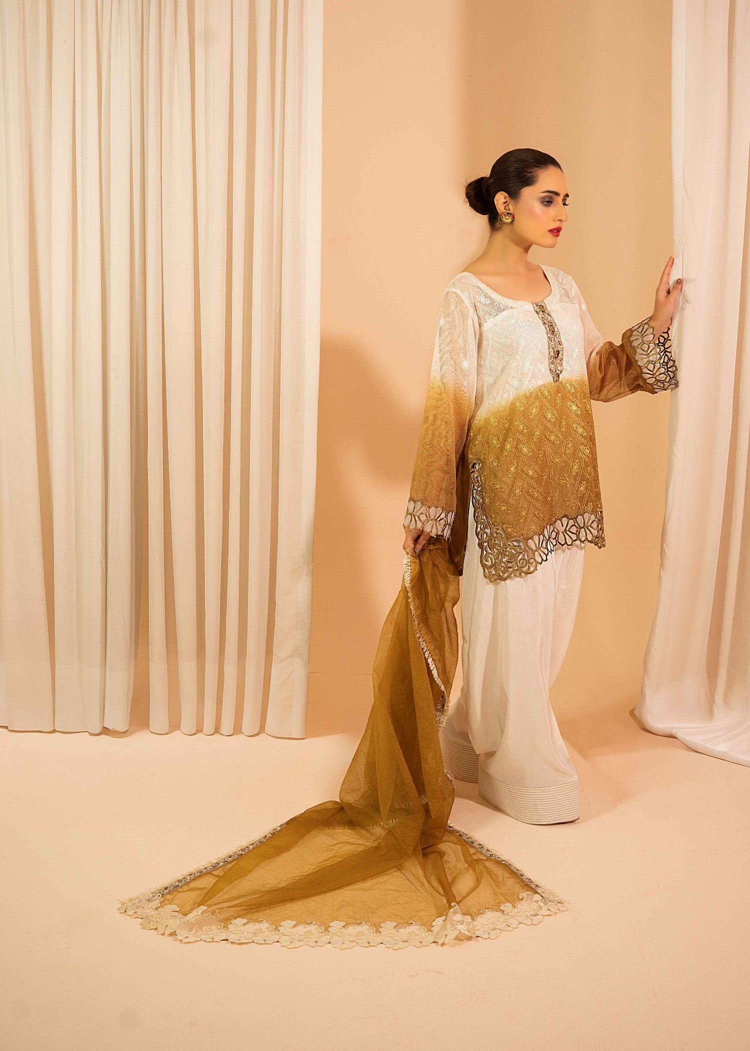 cotton net Kurta Set in Golden brown, white