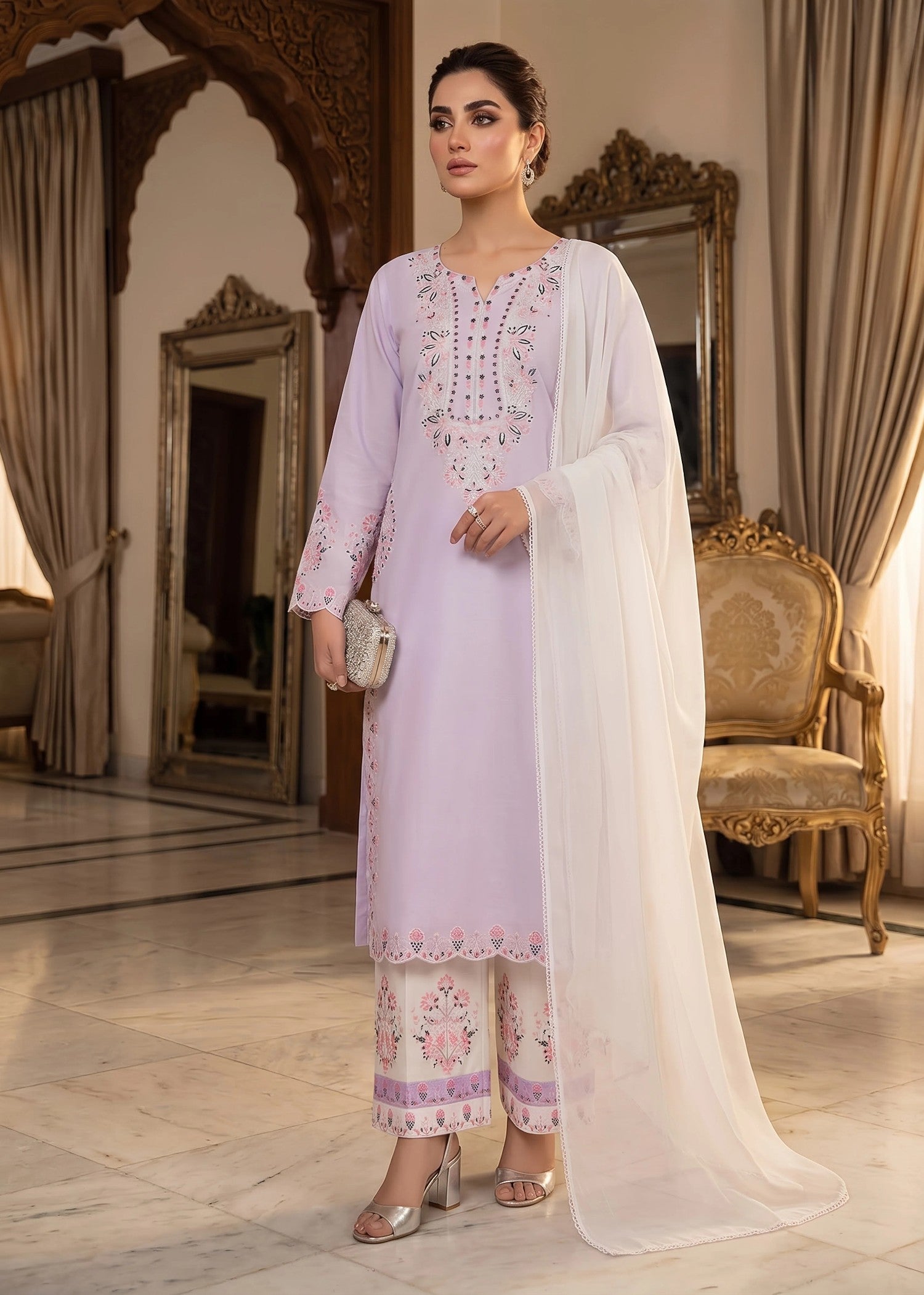 lawn cotton Kurta Set in White, lilac