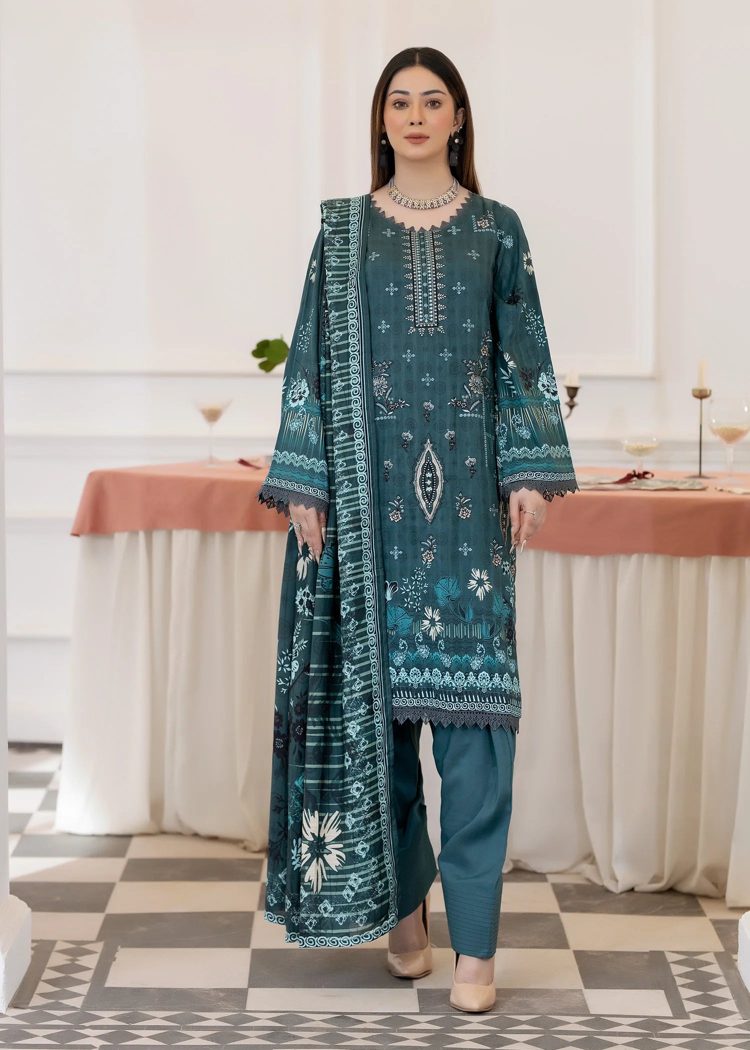 wool Kurta Set in Teal