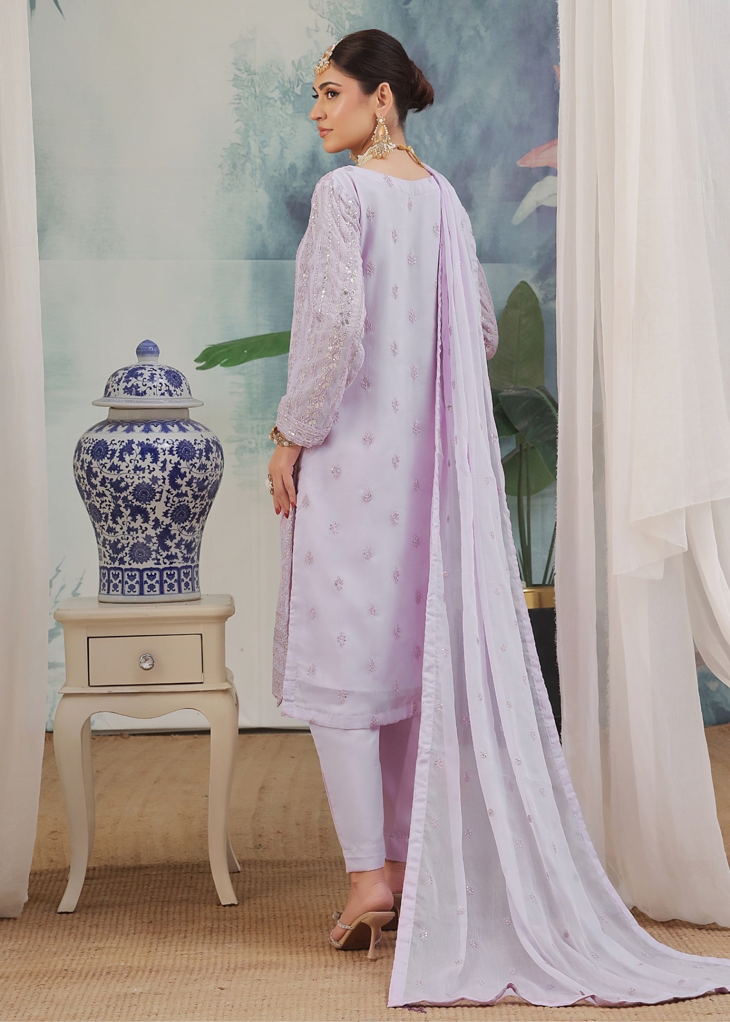 chiffon Kurta Set in Lilac
