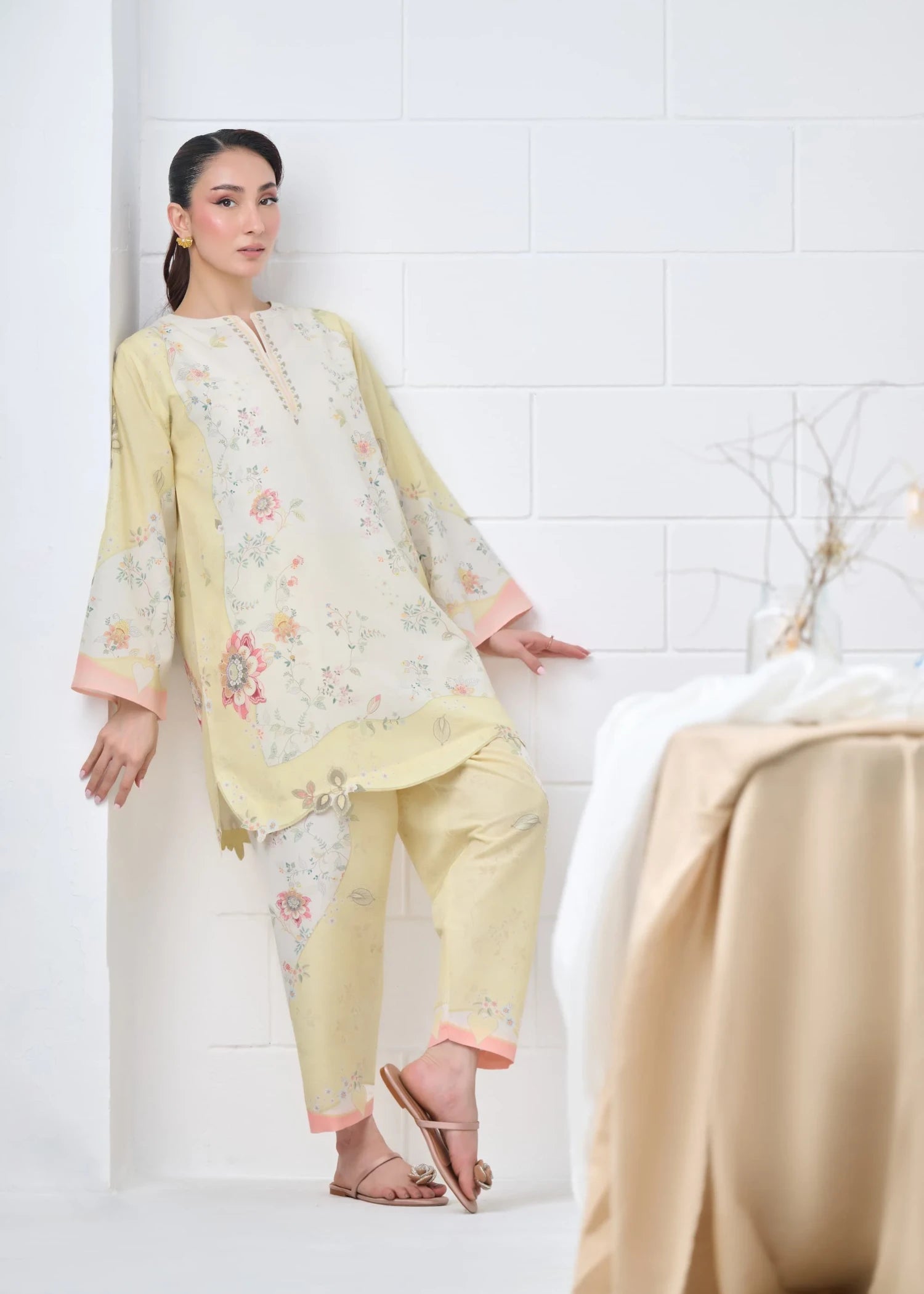 raw silk Co Ord Sets in White, light yellow