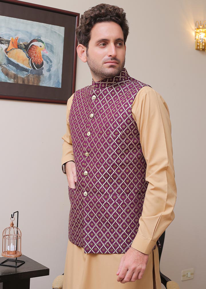 banarsi silk Waistcoat in Purple