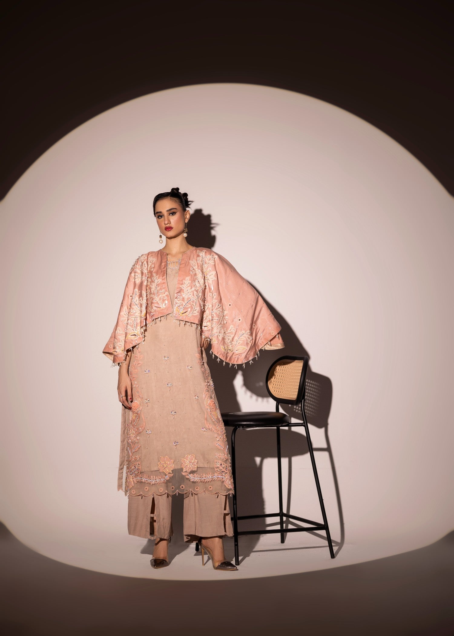 poly organza Kurta Set in Peach pink, almond brown