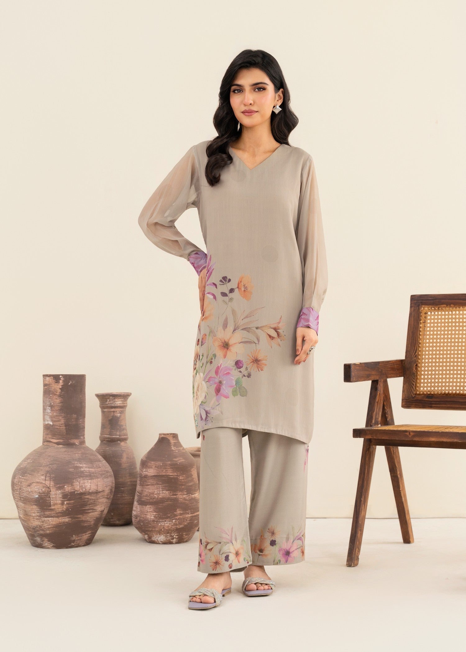 silk Kurta Set in Ash grey