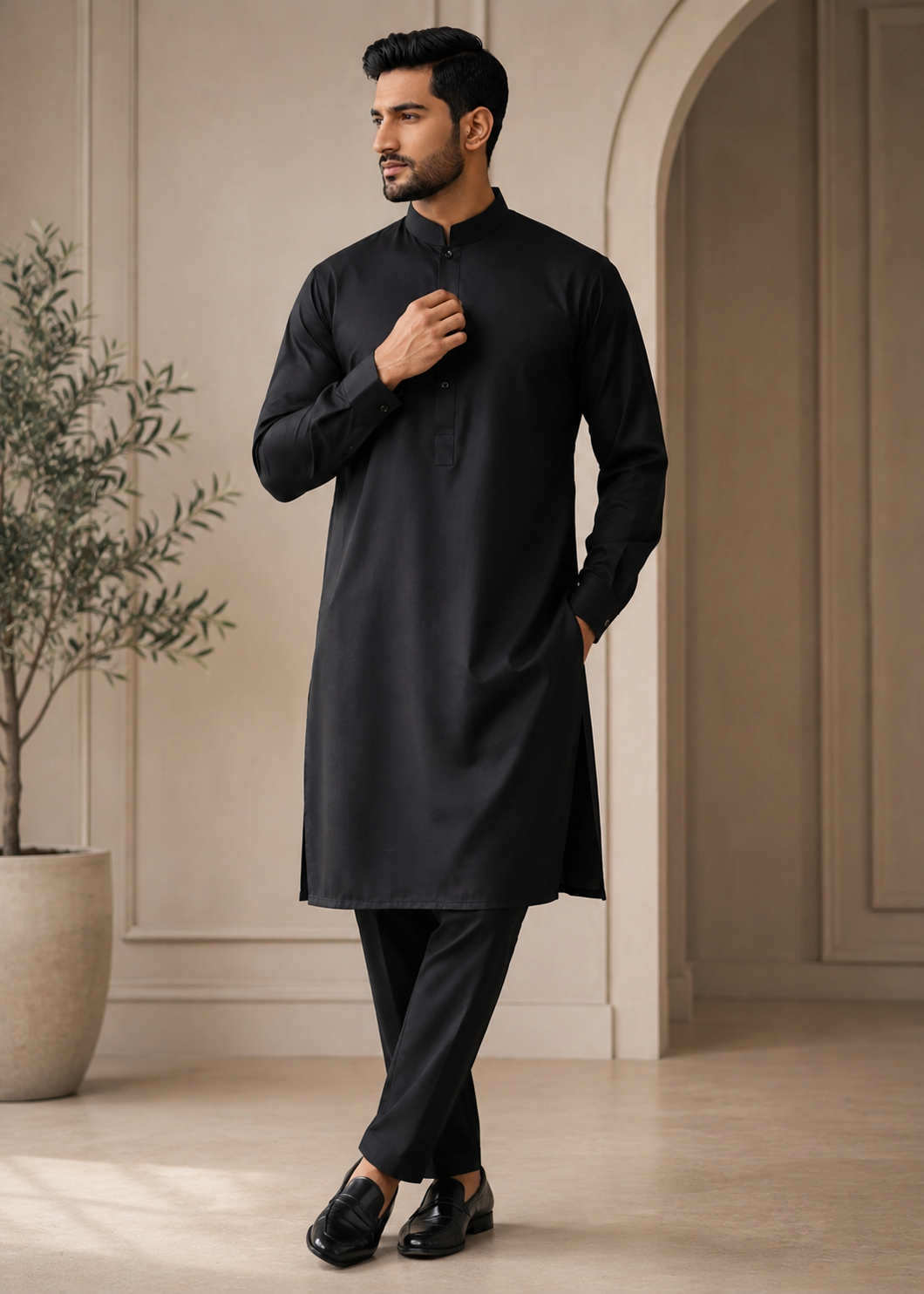 textured wash & wear Kurta Set in Black by Noor E Zehra.Store