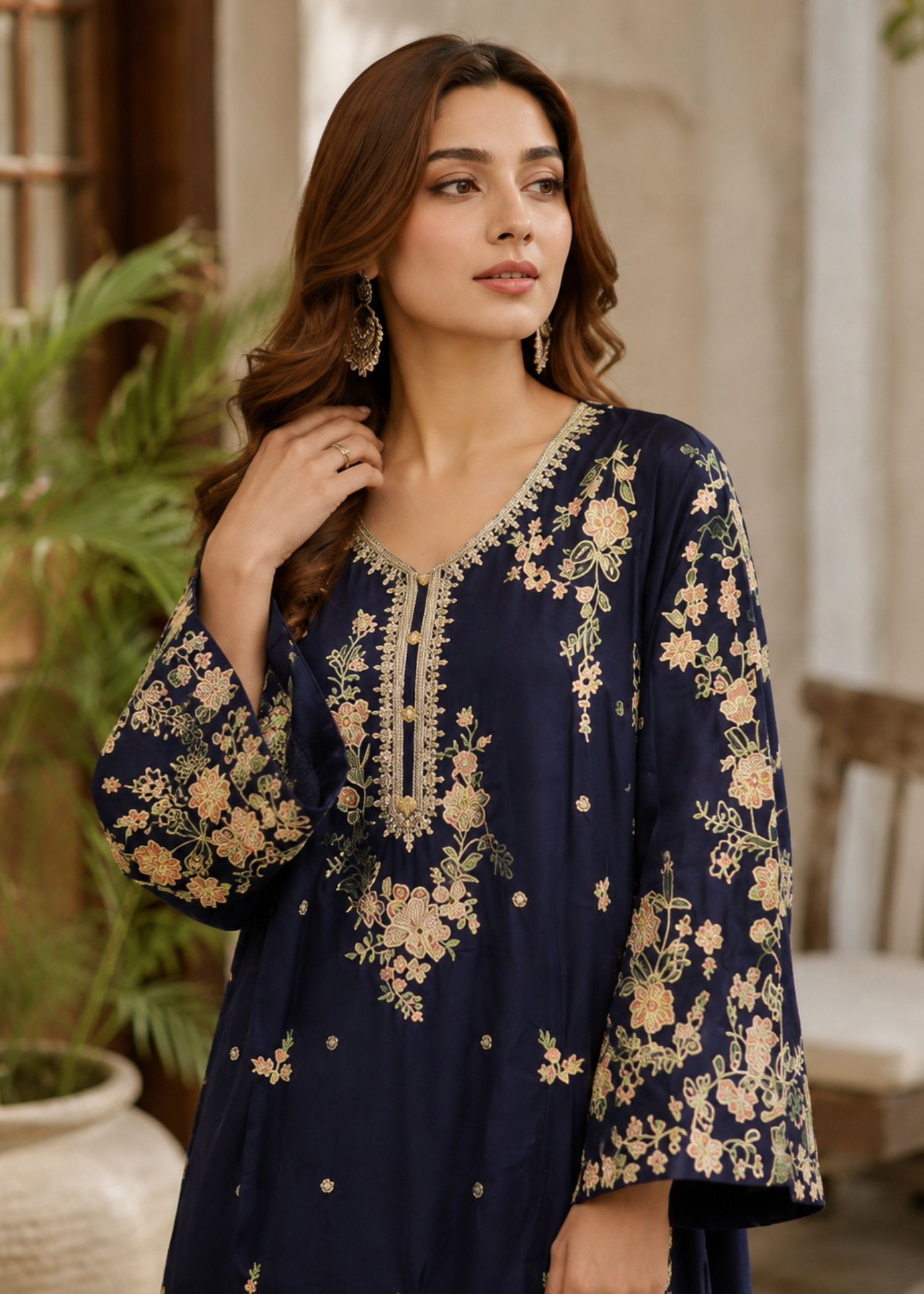 silk charmeuse Kaftan in Navy blue