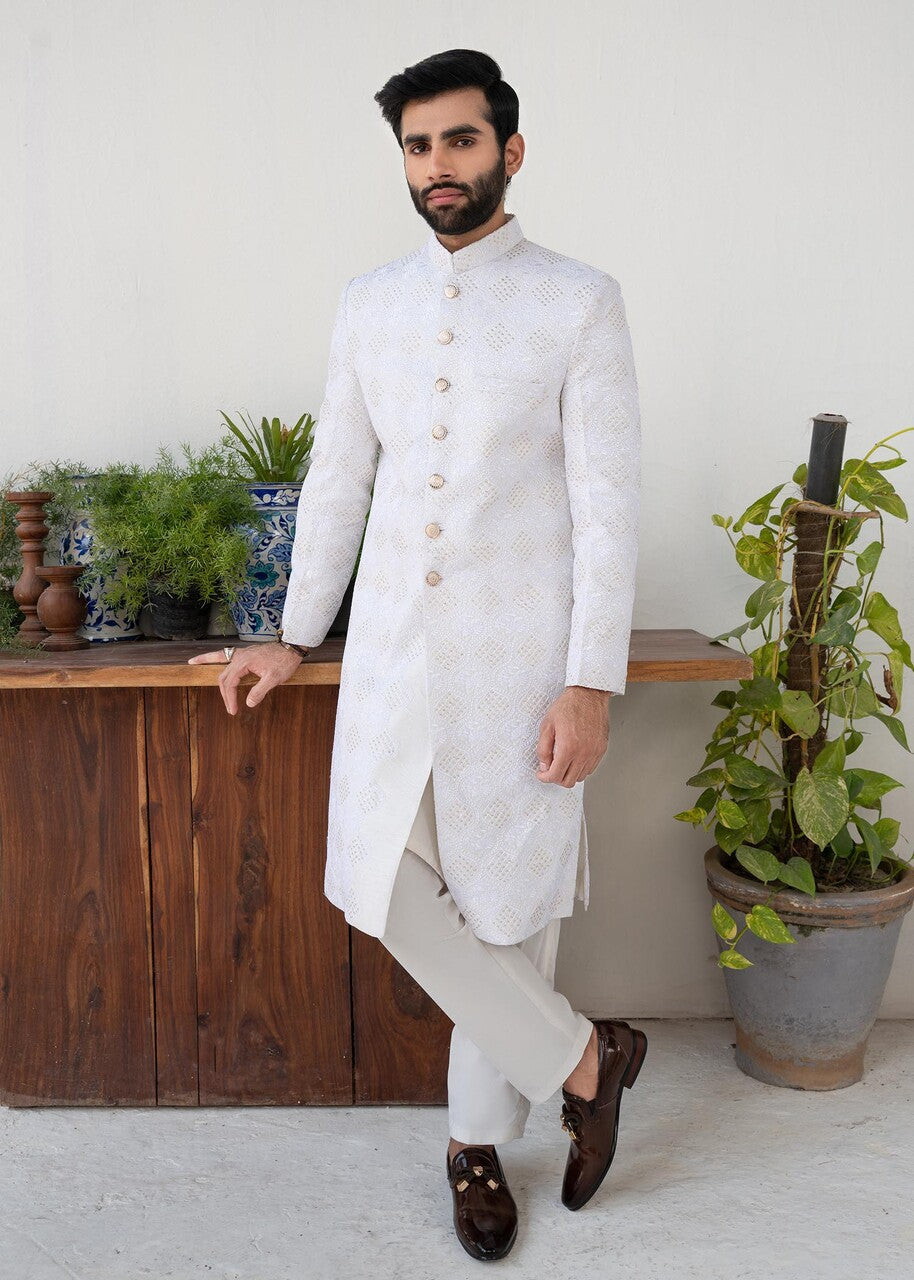 silk Sherwani in White