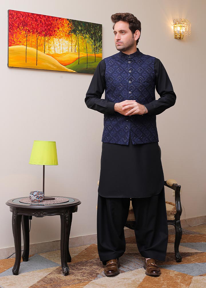 banarsi silk Waistcoat in Navy blue