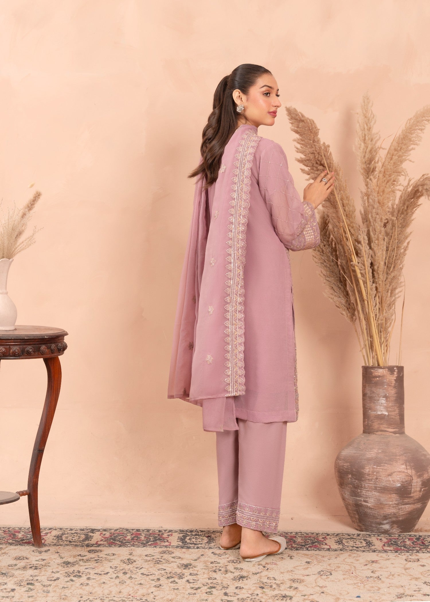 chiffon Kurta Set in Mauve pink