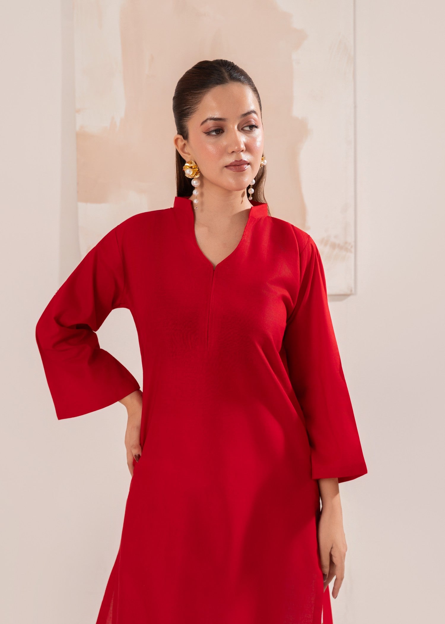 cotton Kurta Set in White, red