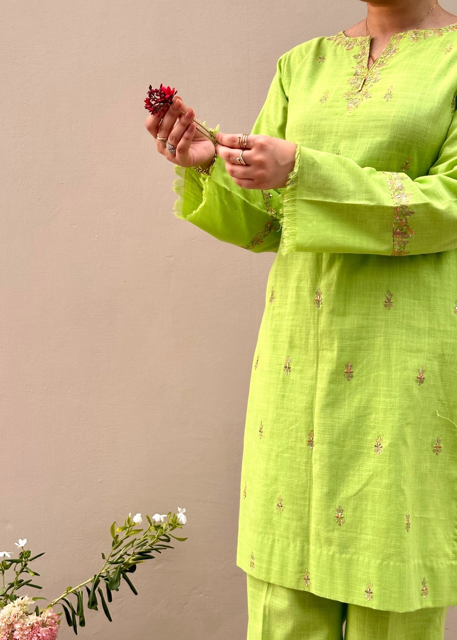slub lawn Kurta Set in Neon green