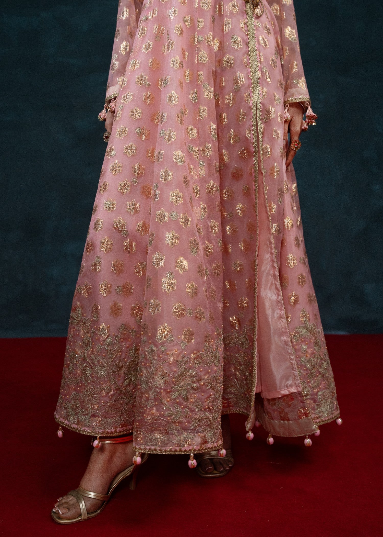 zari tissue Angrakha in Peach pink